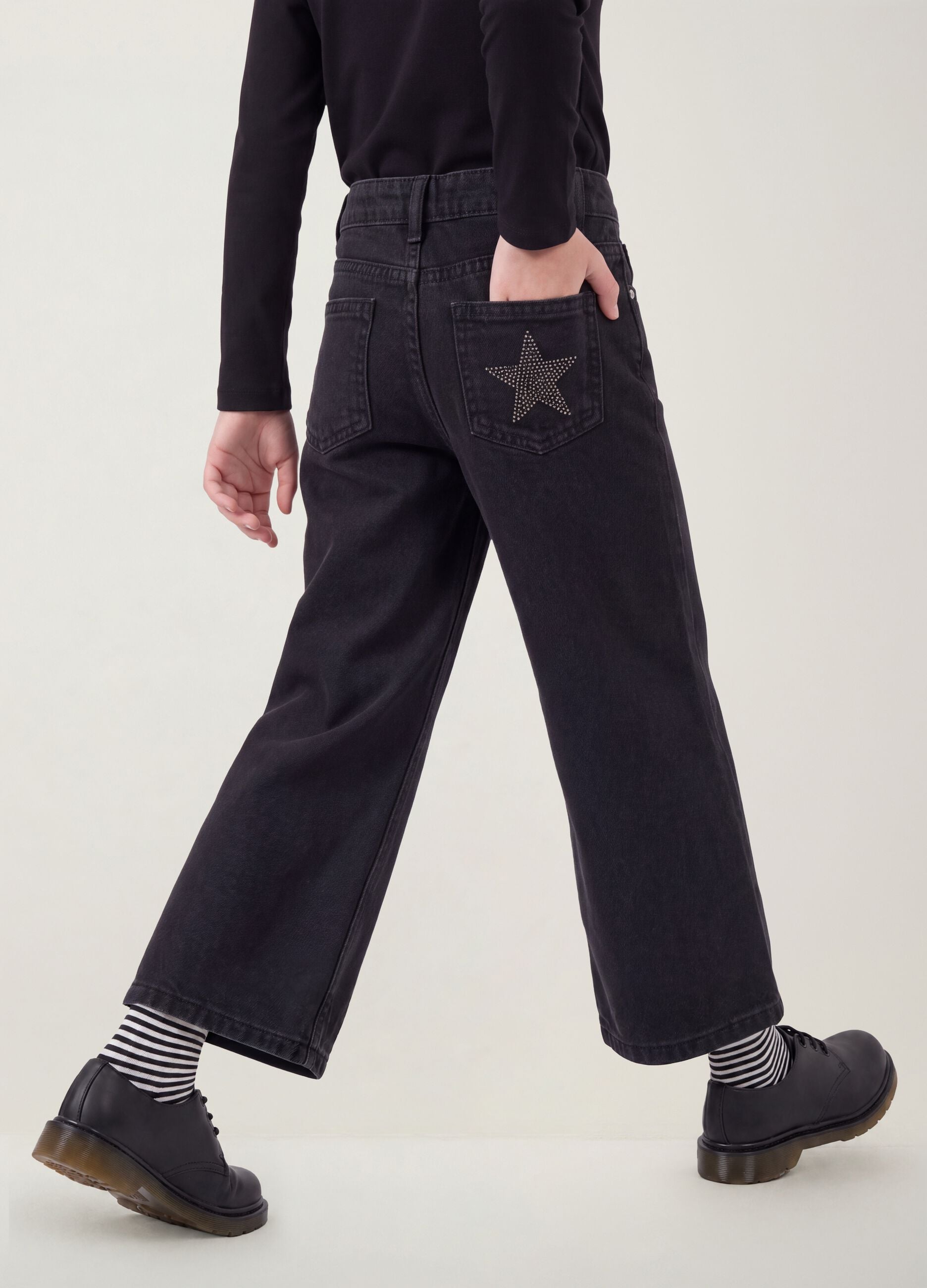 Blue wide-leg pure cotton jeans with star details
