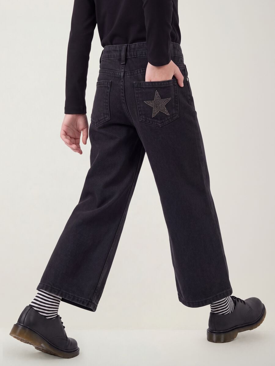 Blue pure cotton wide-leg jeans with stars_2