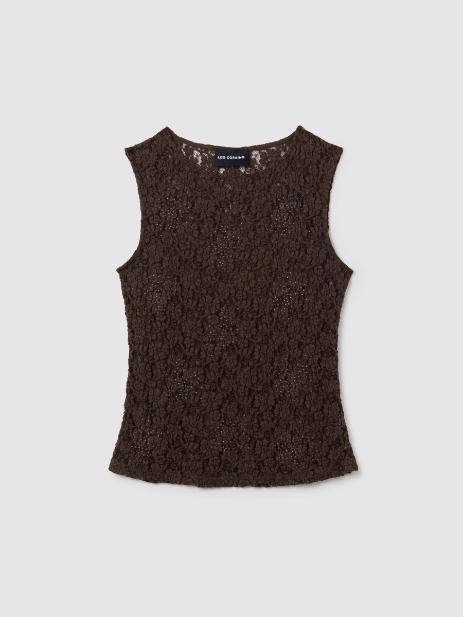 Top smanicato da donna in misto cotone marrone fitted_0