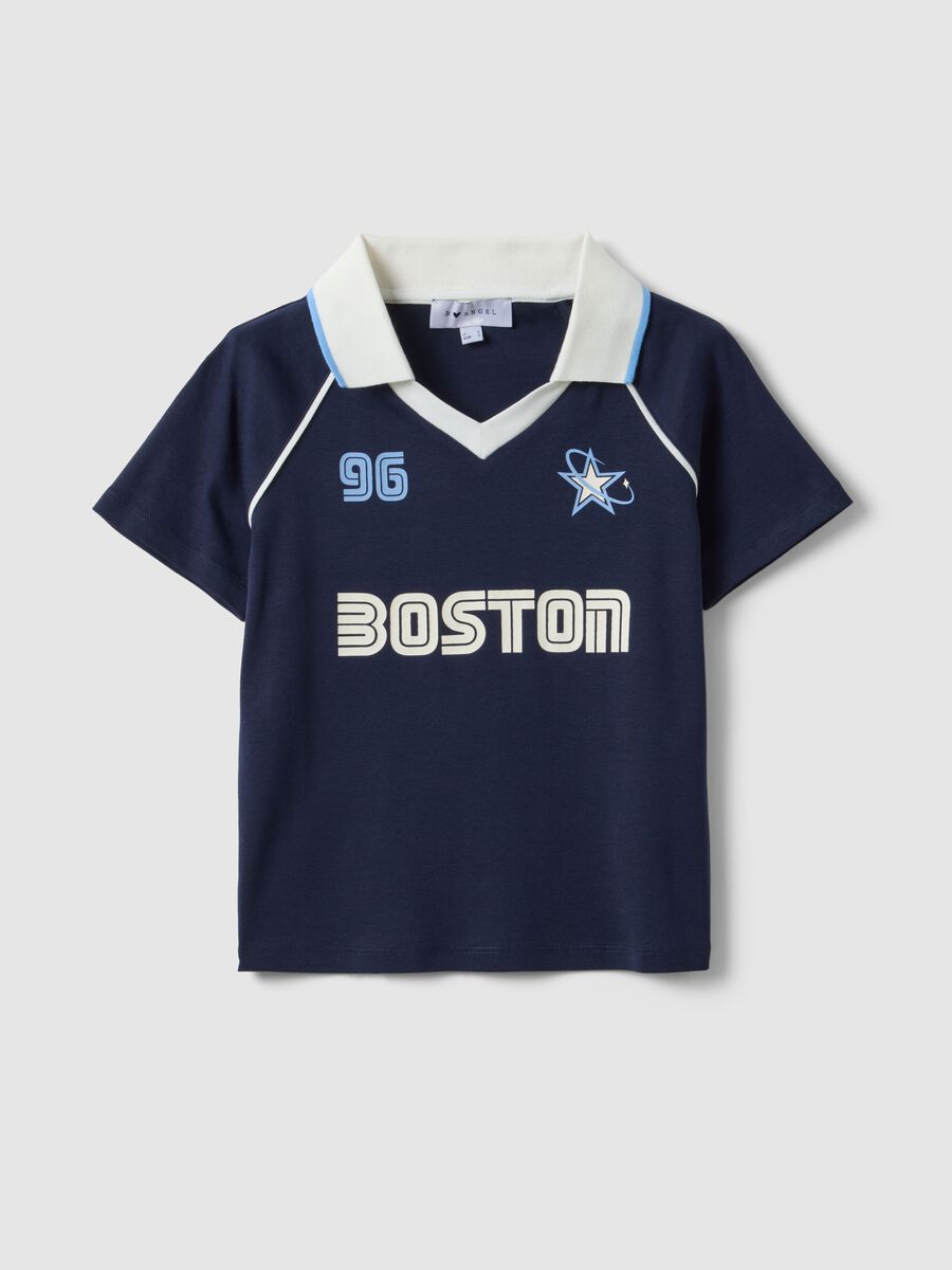 Blue pure cotton regular fit polo neck T-shirt with print_0