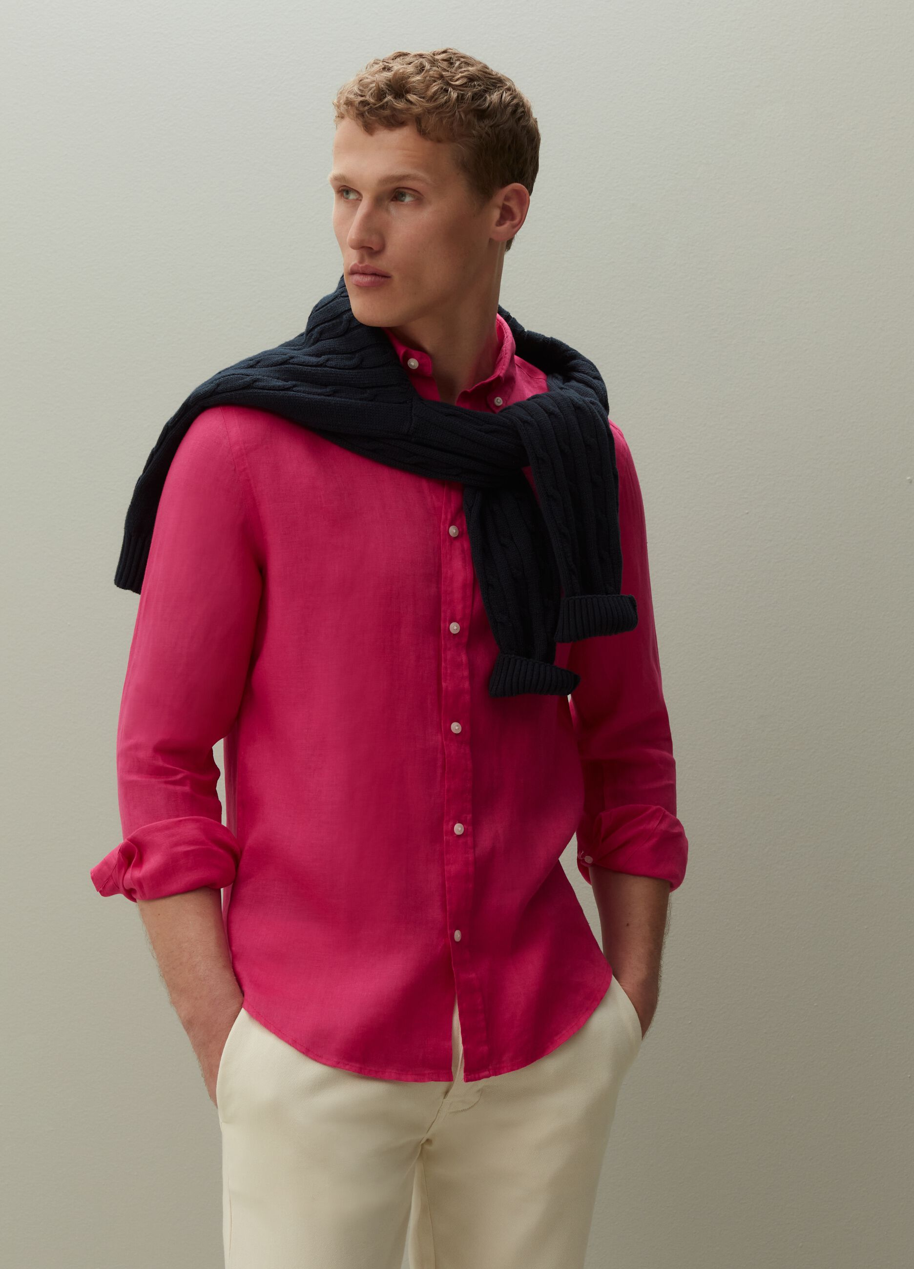 Camicia lino rosa uomo on sale