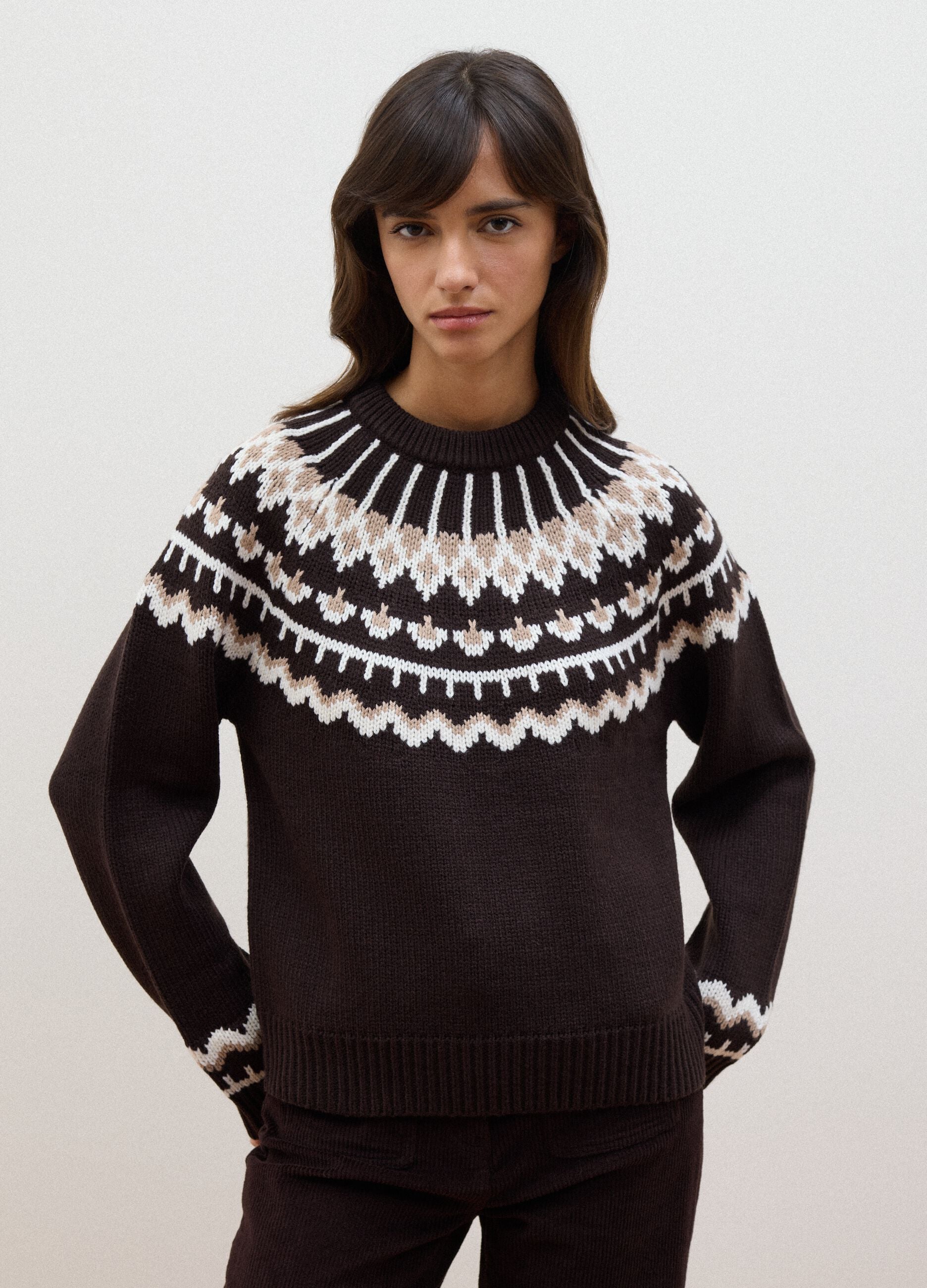 Brown jacquard wool-blend crew-neck jumper, regular fit