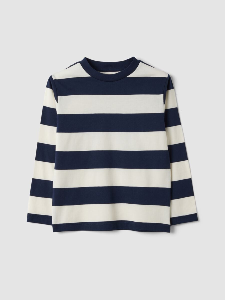 T-shirt multicolor in puro cotone a righe con girocollo per bambino_0