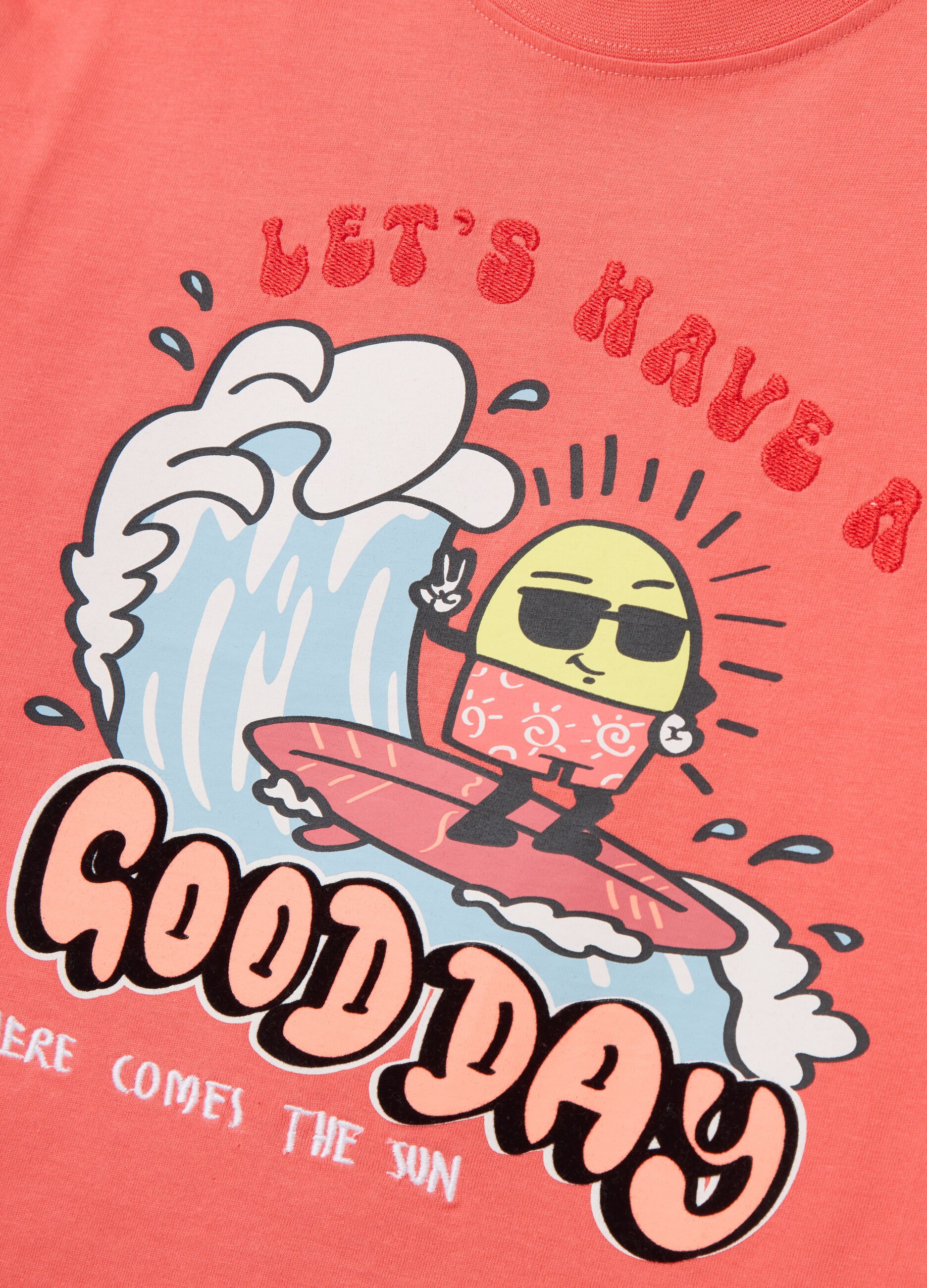Pink T-shirt in cotton with sun surfer print and embroidery