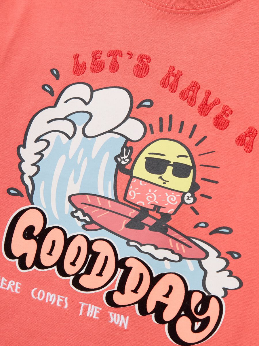Pink T-shirt in cotton with sun surfer print and embroidery_2