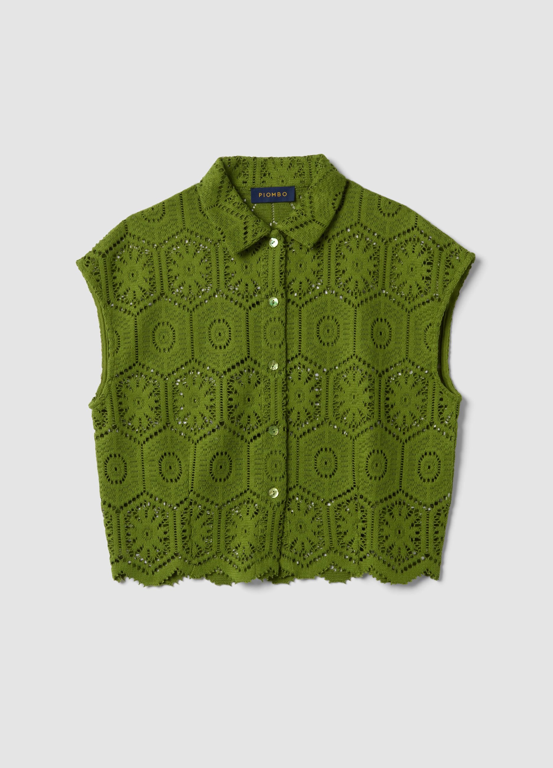 Green crochet polo shirt with classic collar, regular fit