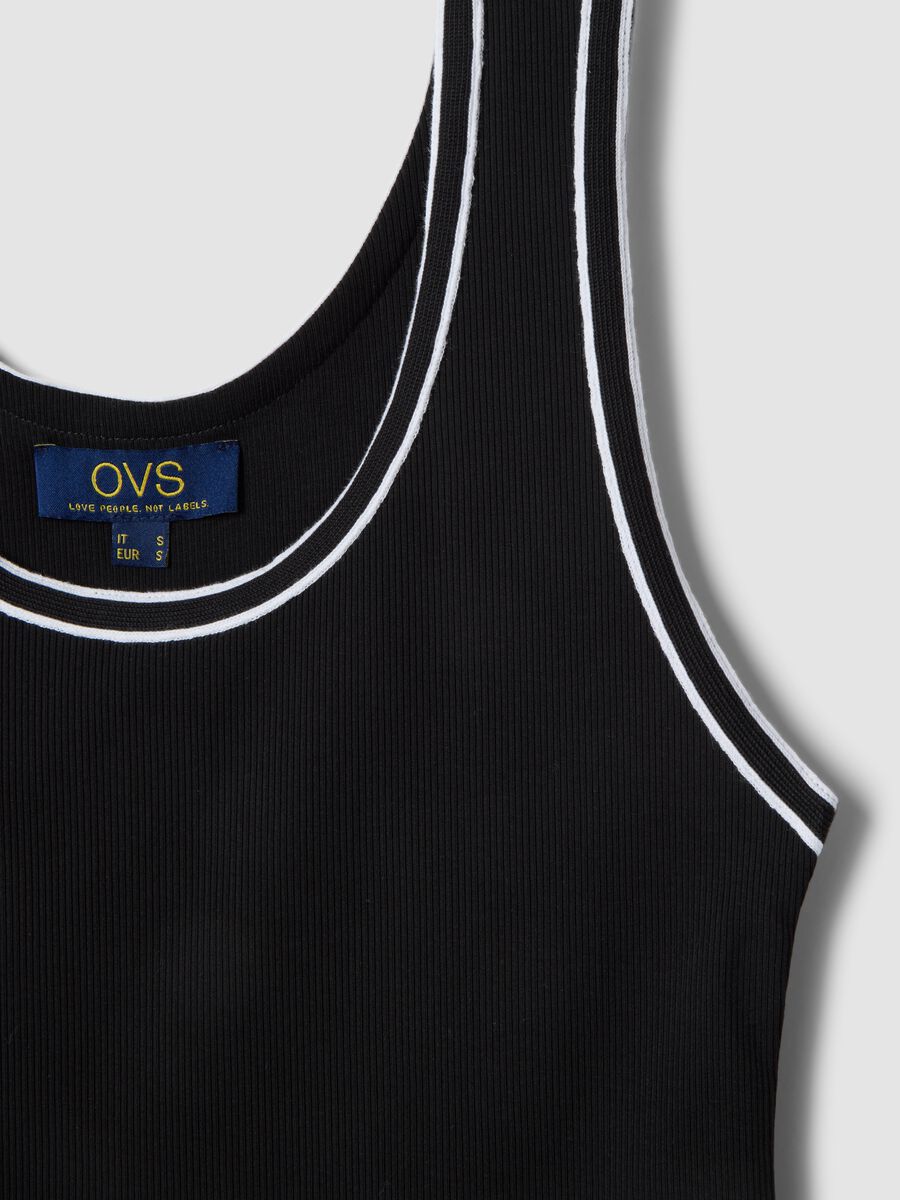 Black stretchy cotton regular fit tank top with trim_5