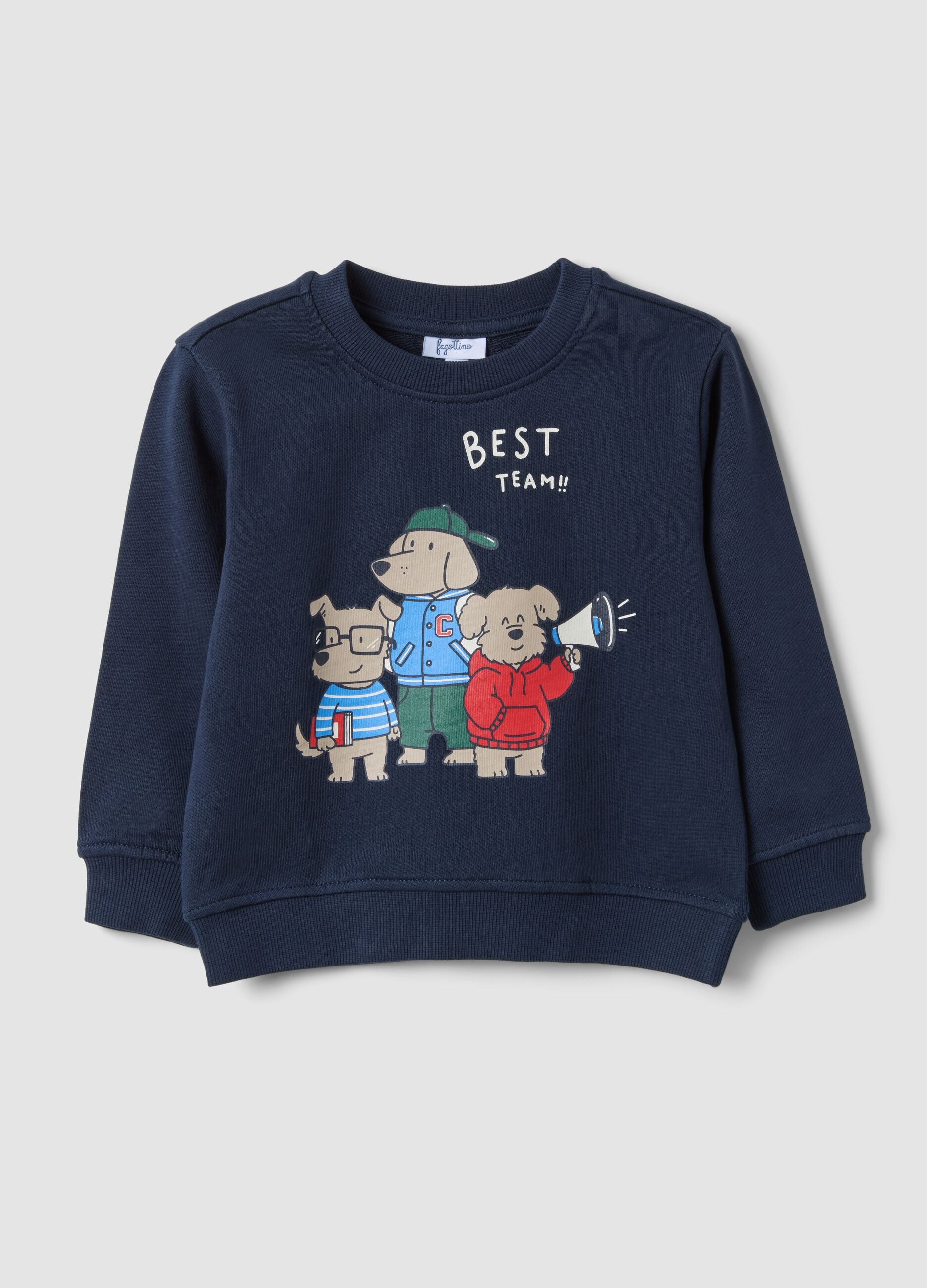Felpa blu in puro cotone con girocollo e stampa per bimbo regular fit