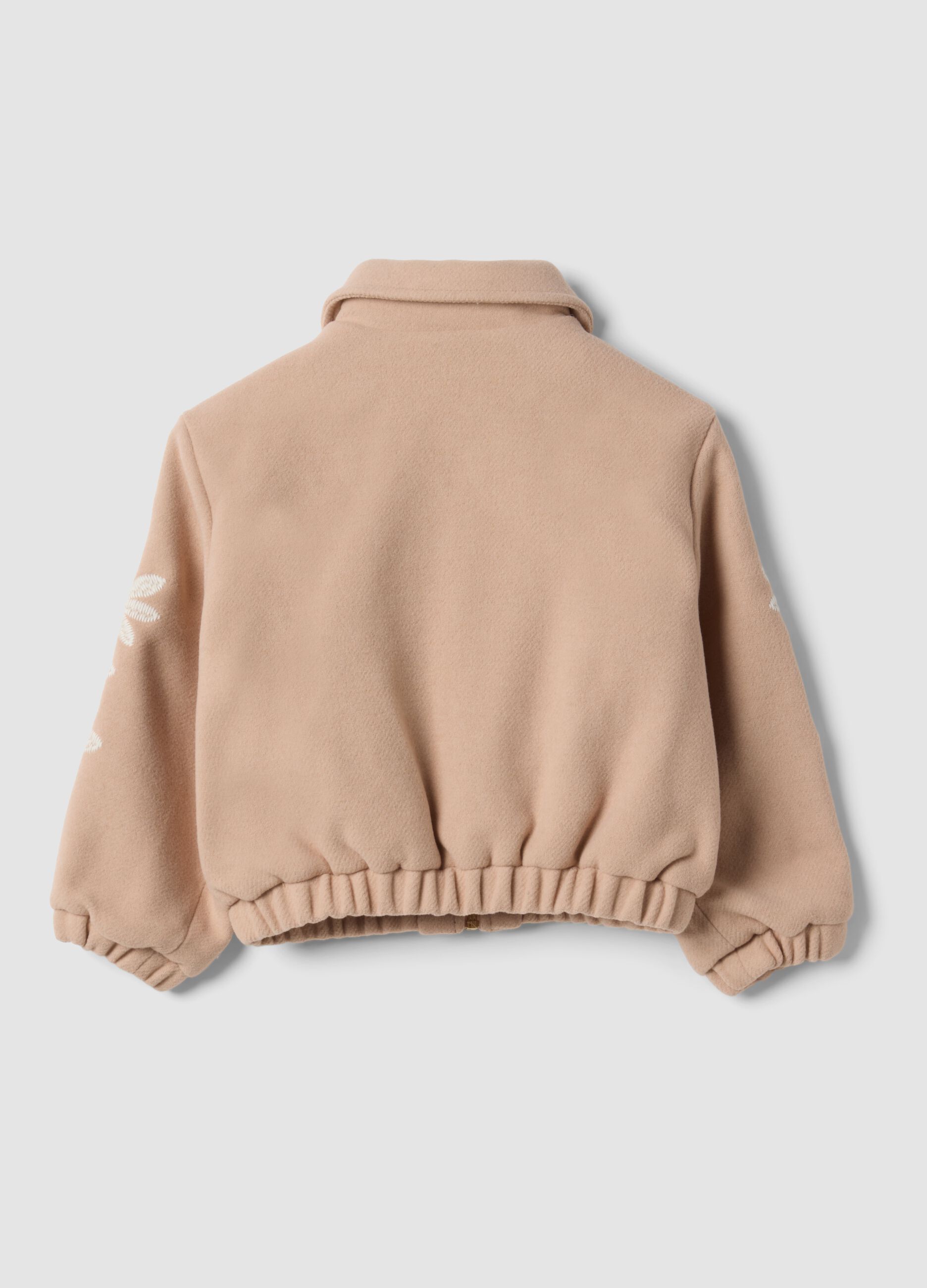 Beige wool-blend jacket with zip and floral embroidery