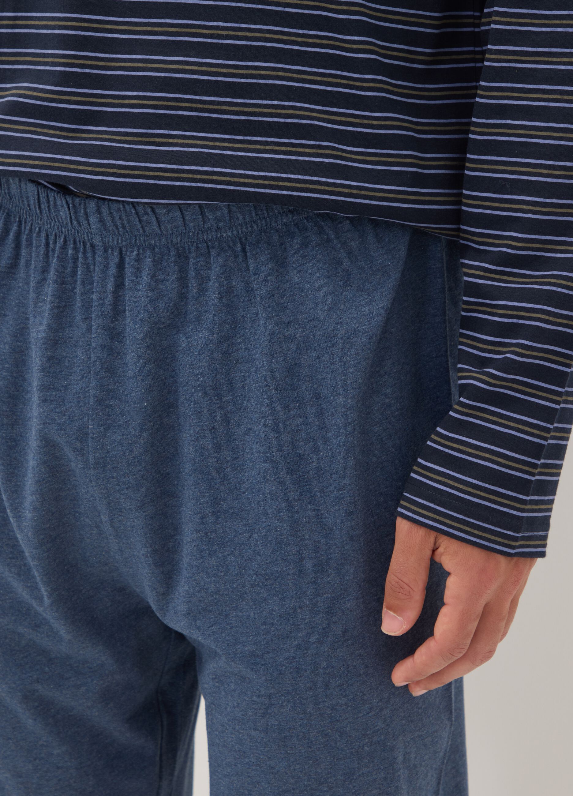 Navy blue striped pure organic cotton crew-neck pyjamas