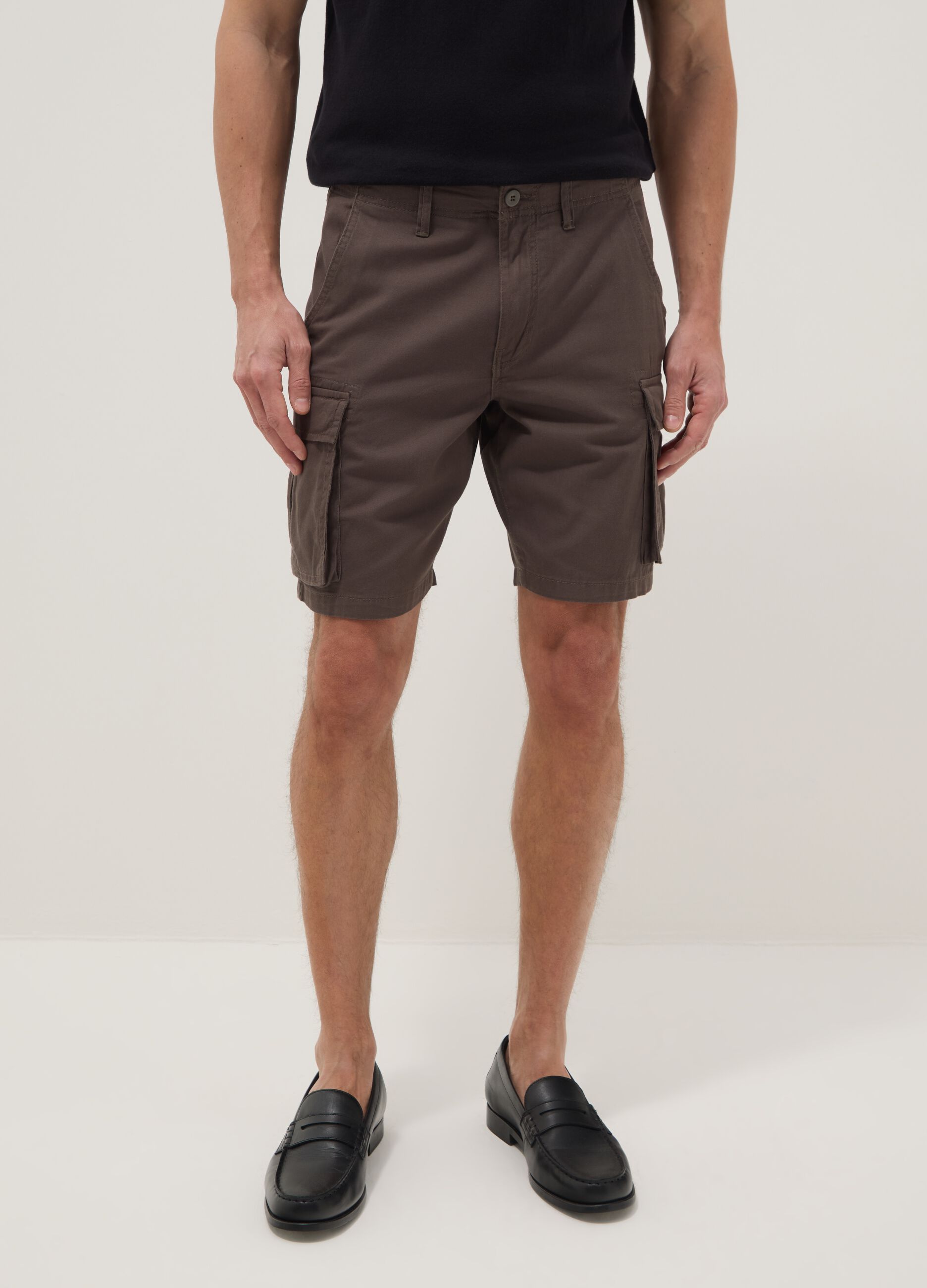 Brown pure cotton regular-fit cargo Bermuda shorts
