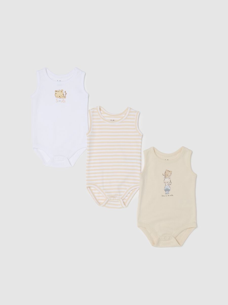 Three-pack sleeveless bodysuits in striped organic cotton with print_0