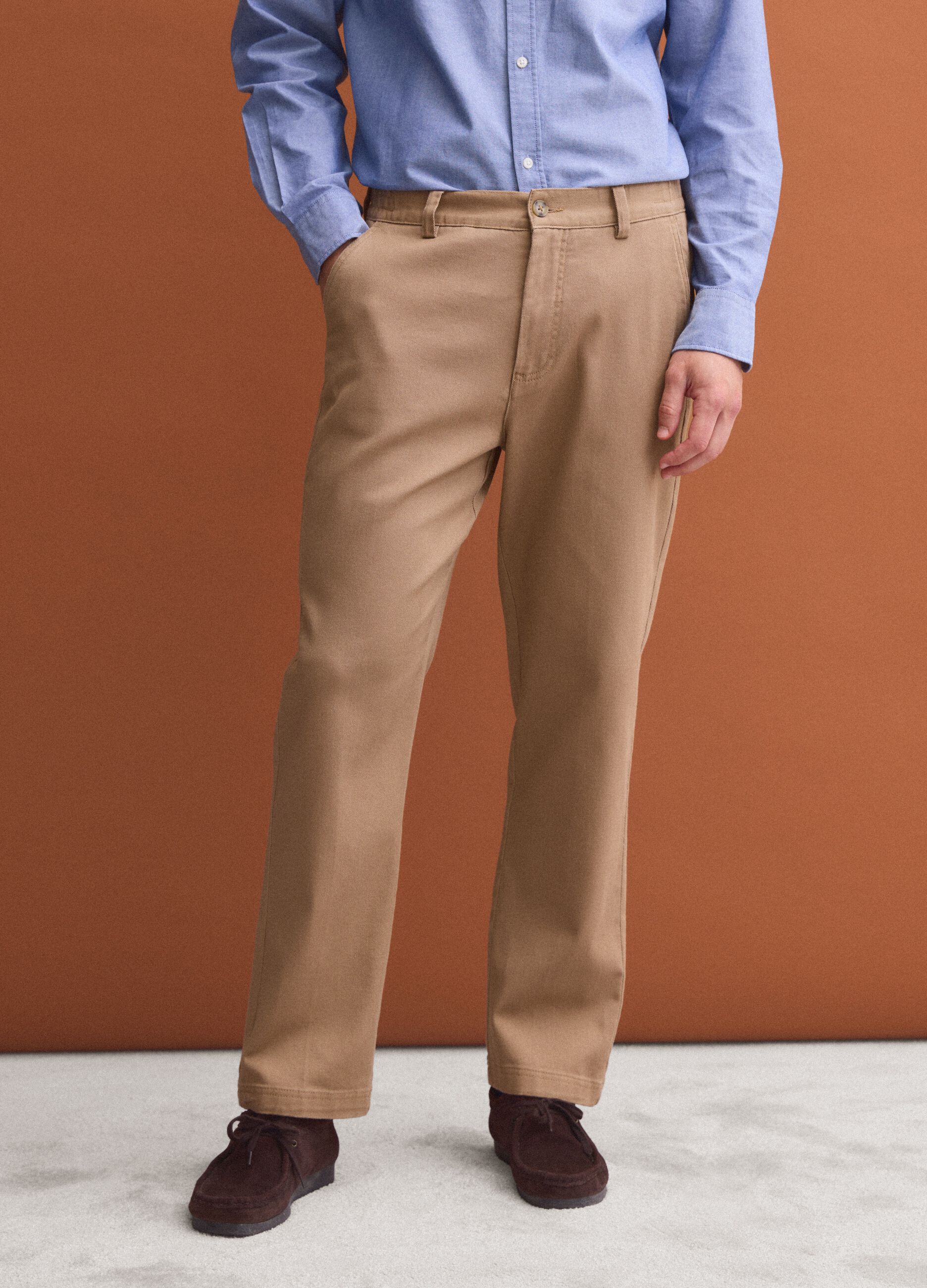 Brown stretch-cotton chino trousers, straight fit
