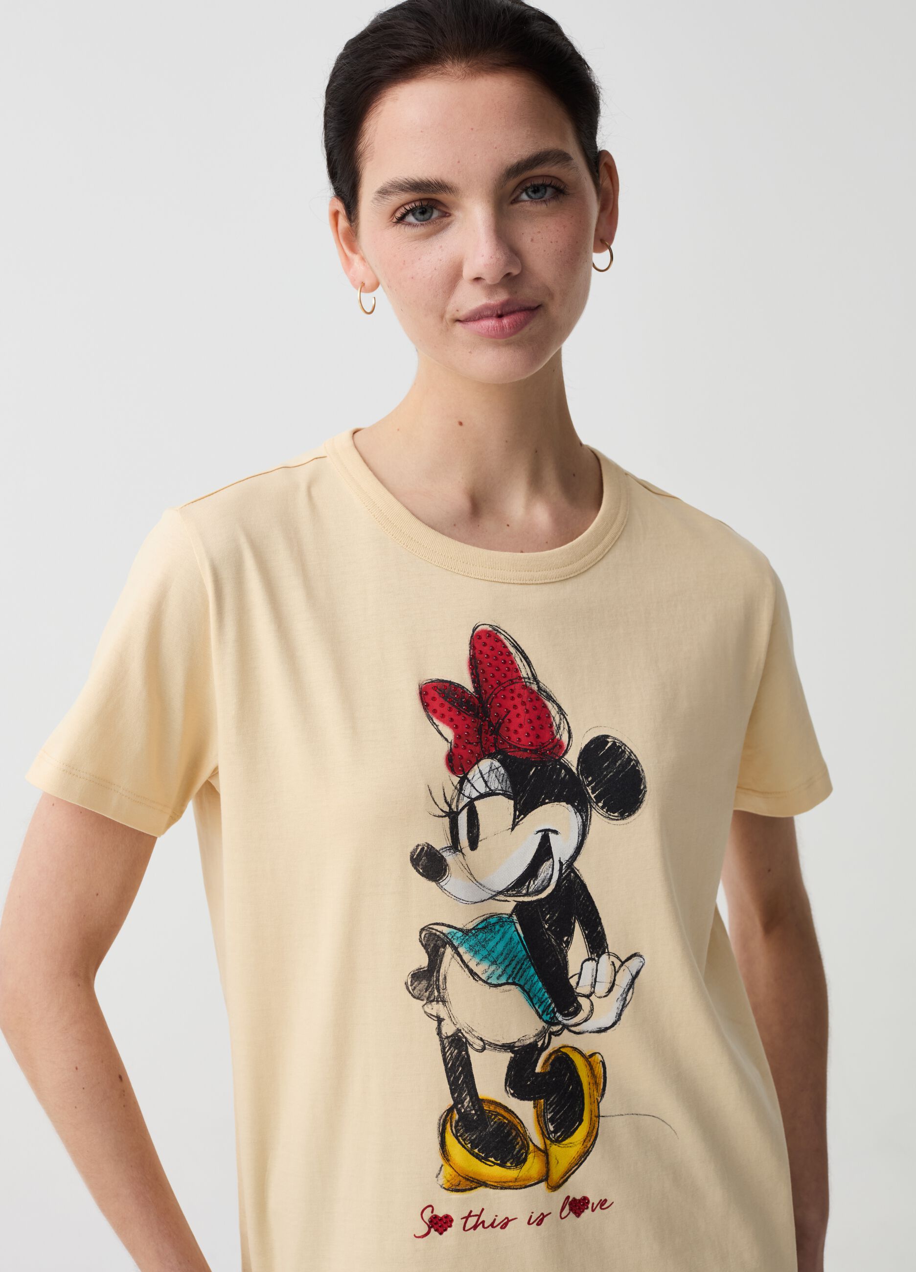 T-shirt con stampa Minnie e strass
