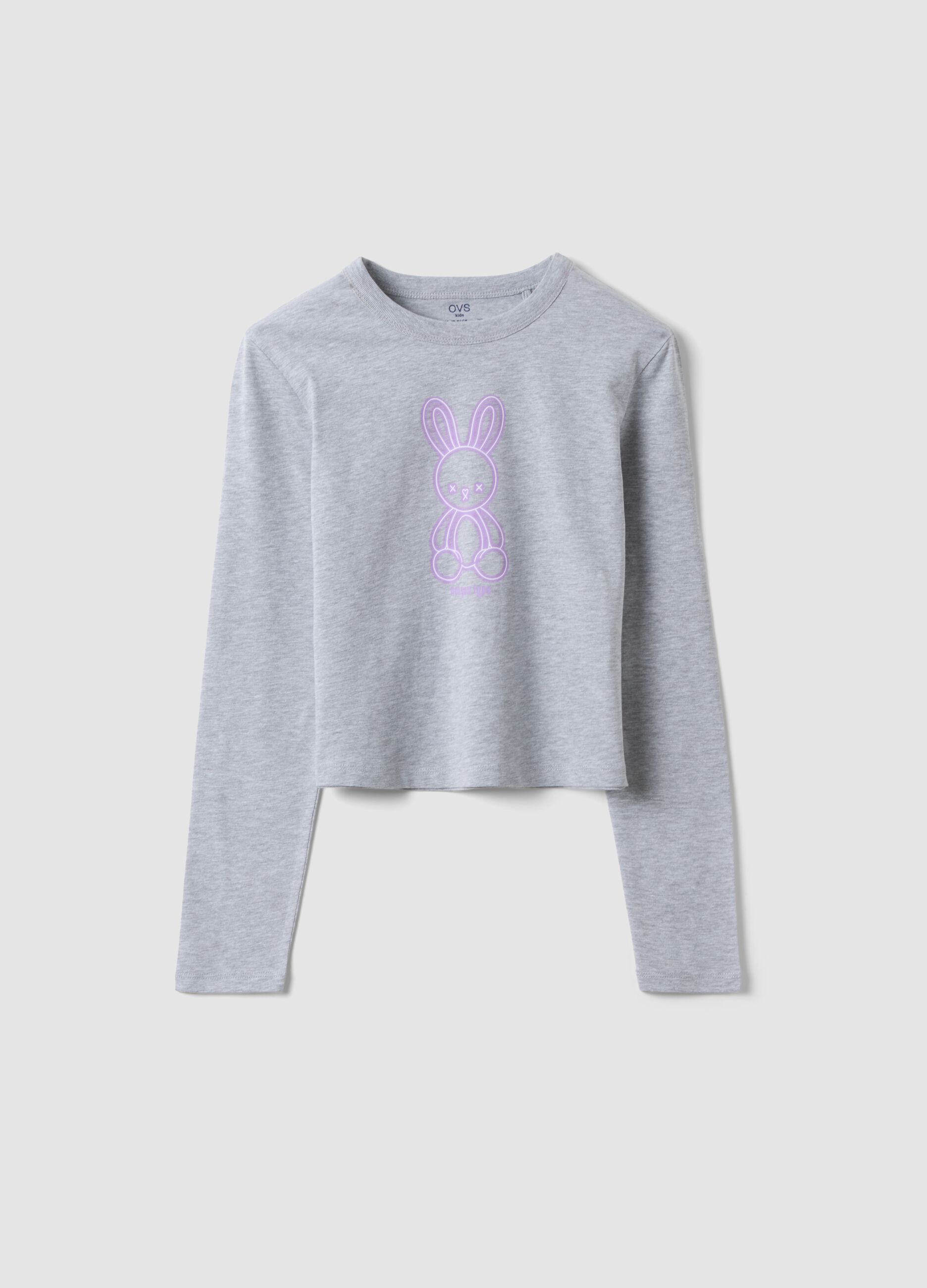 T-shirt crop grigia in puro cotone organico con collo a costine per ragazza