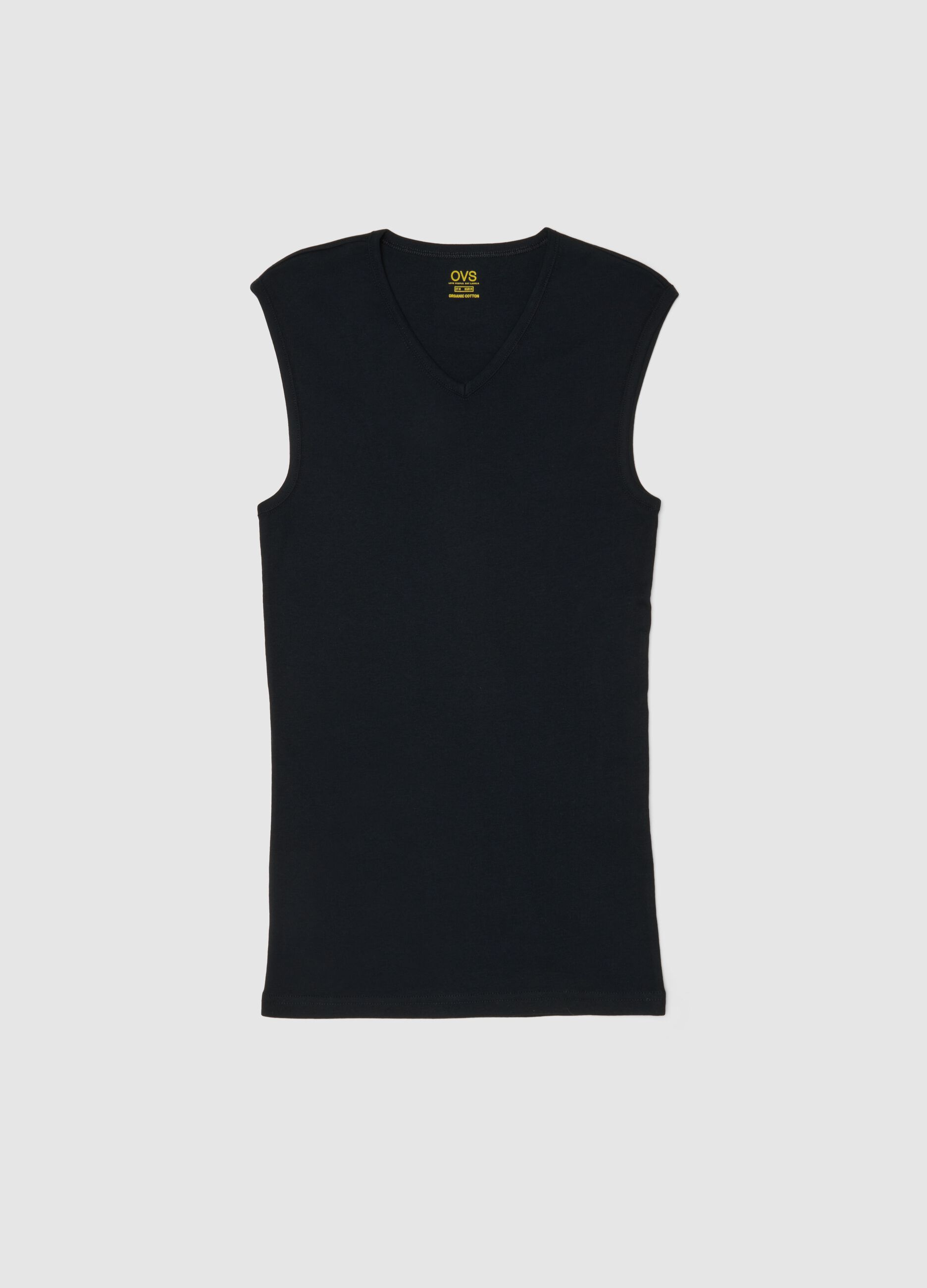 Black regular fit pure cotton tank top with wide shoulder strap