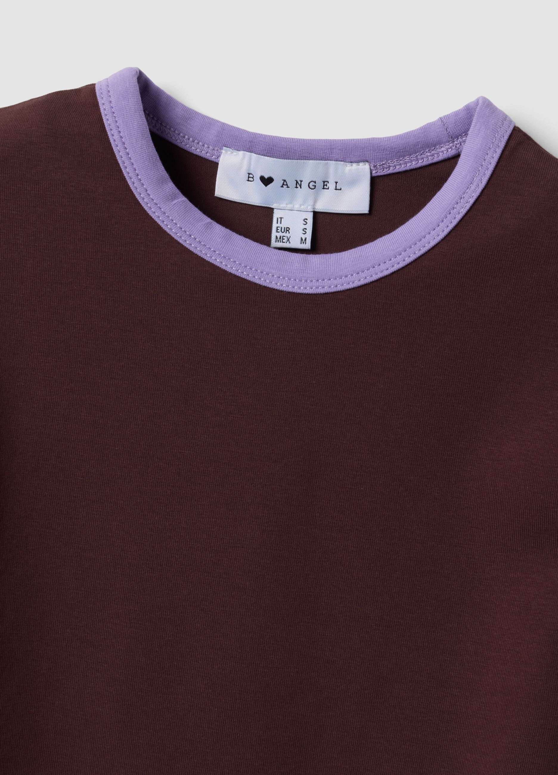 Brown fitted stretch-cotton T-shirt with contrast trims