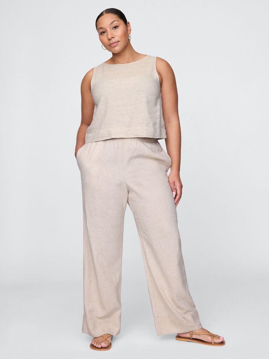 Beige wide-leg trousers in linen and viscose_4