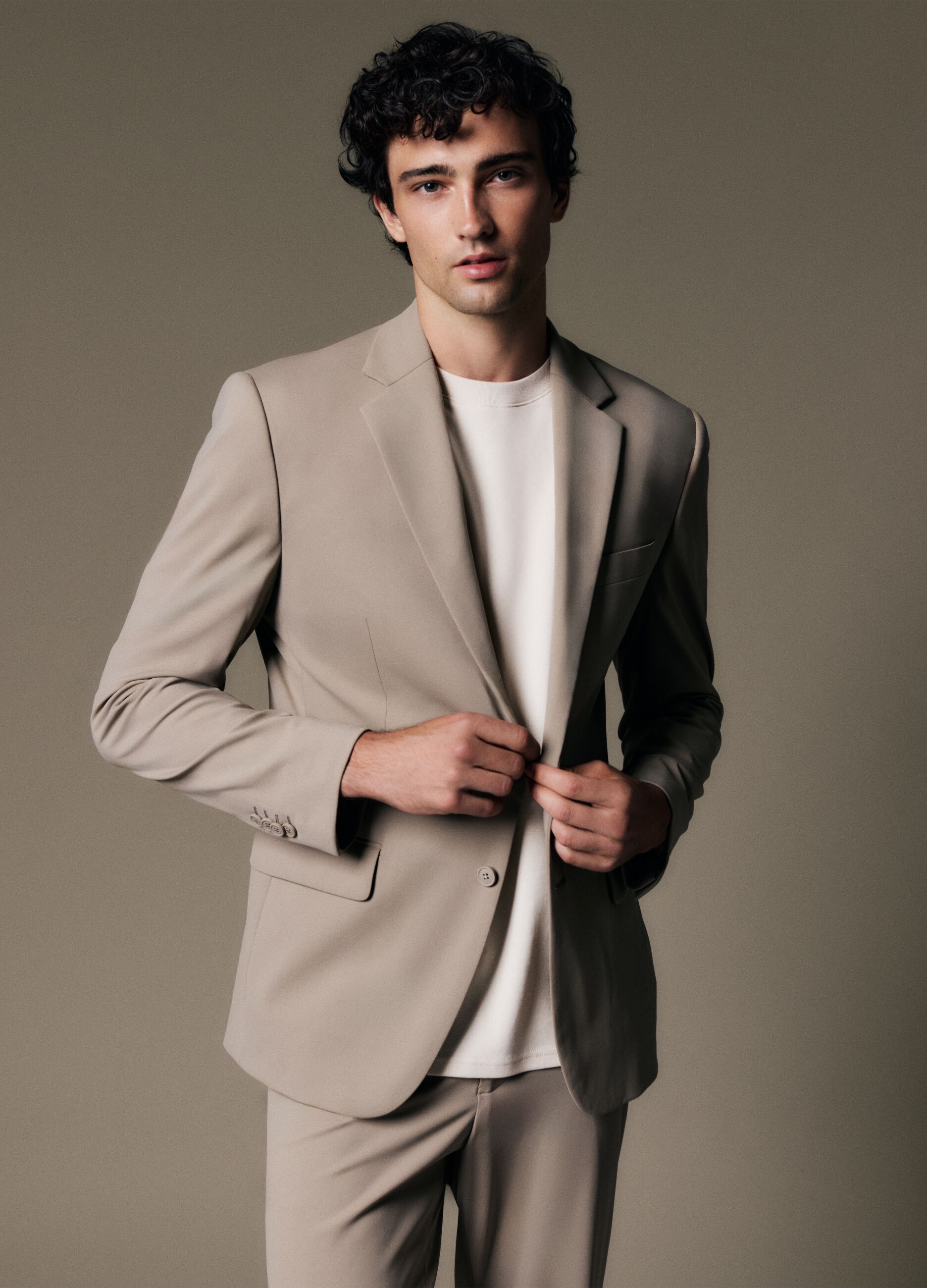 Beige Stretch Fabric Slim Fit Blazer