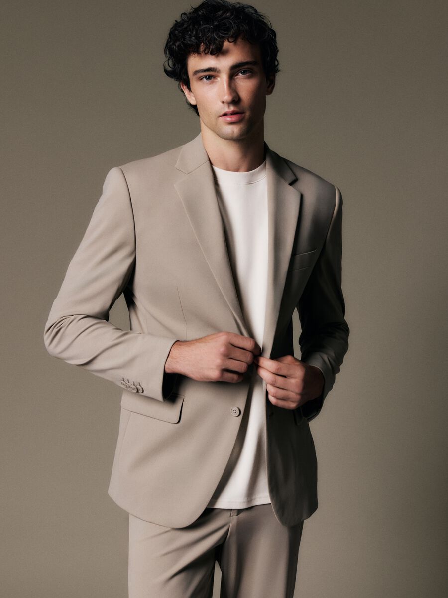 Beige Stretch Fabric Slim Fit Blazer_0
