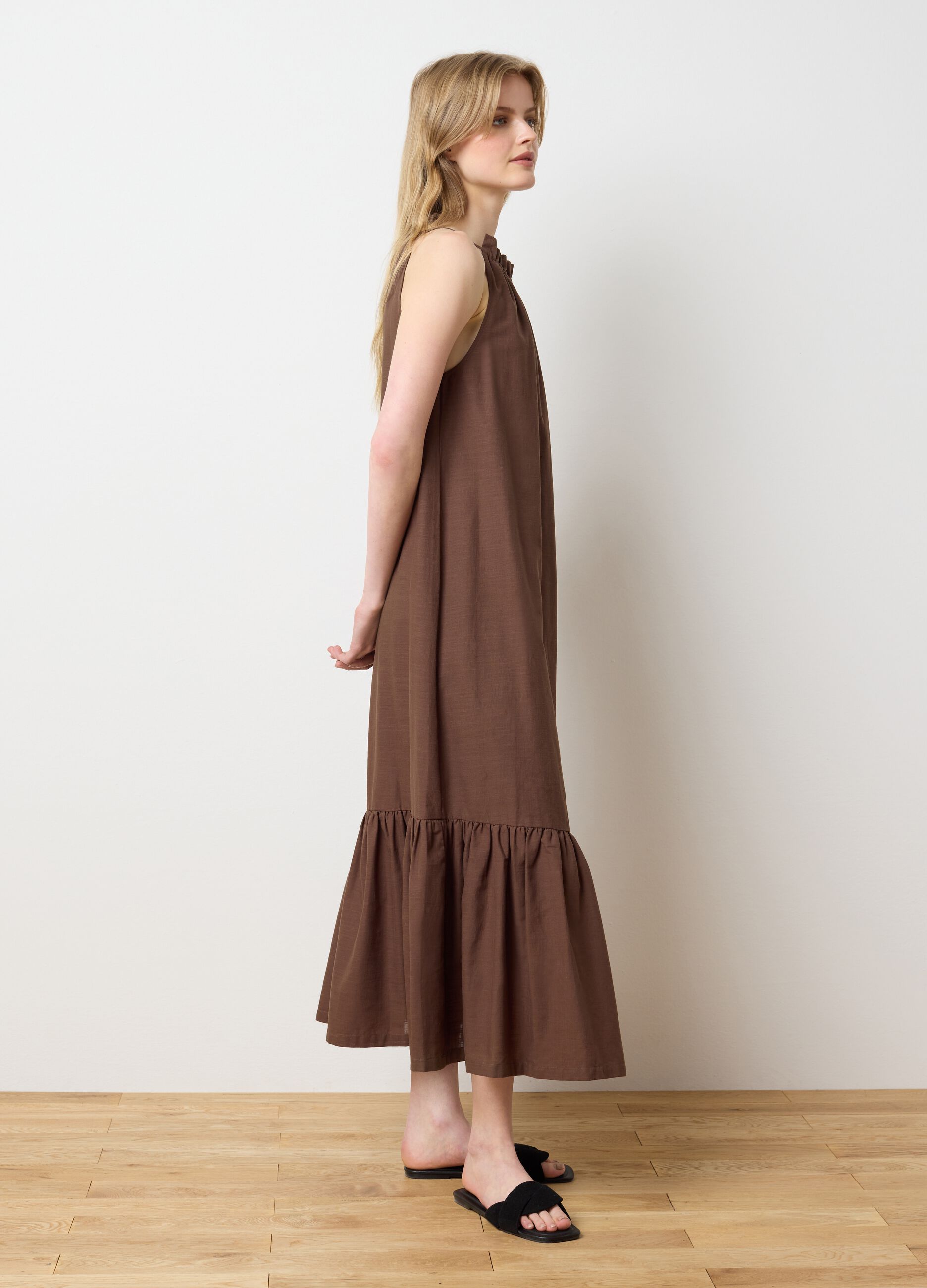 Women's long brown pure cotton oversized dress with ruffles