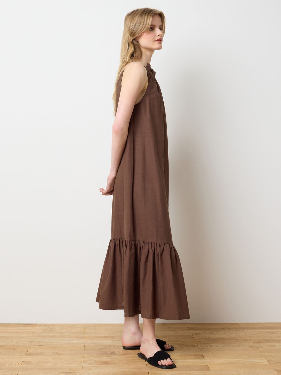 Women's long brown pure cotton oversized dress with ruffles_1