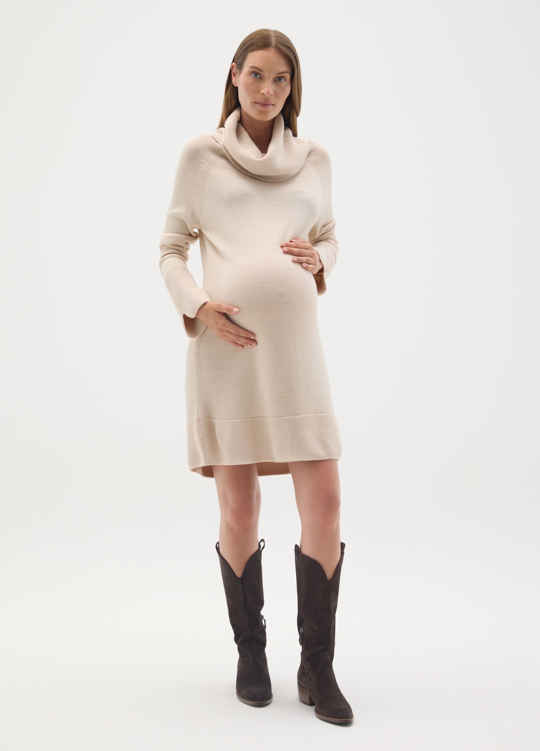 Beige Maternity Dress with High Neck