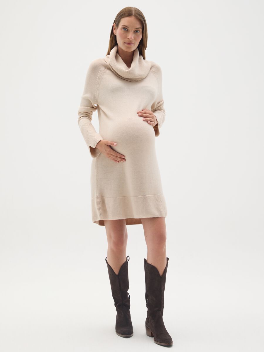 Vestito beige premaman con collo alto_0