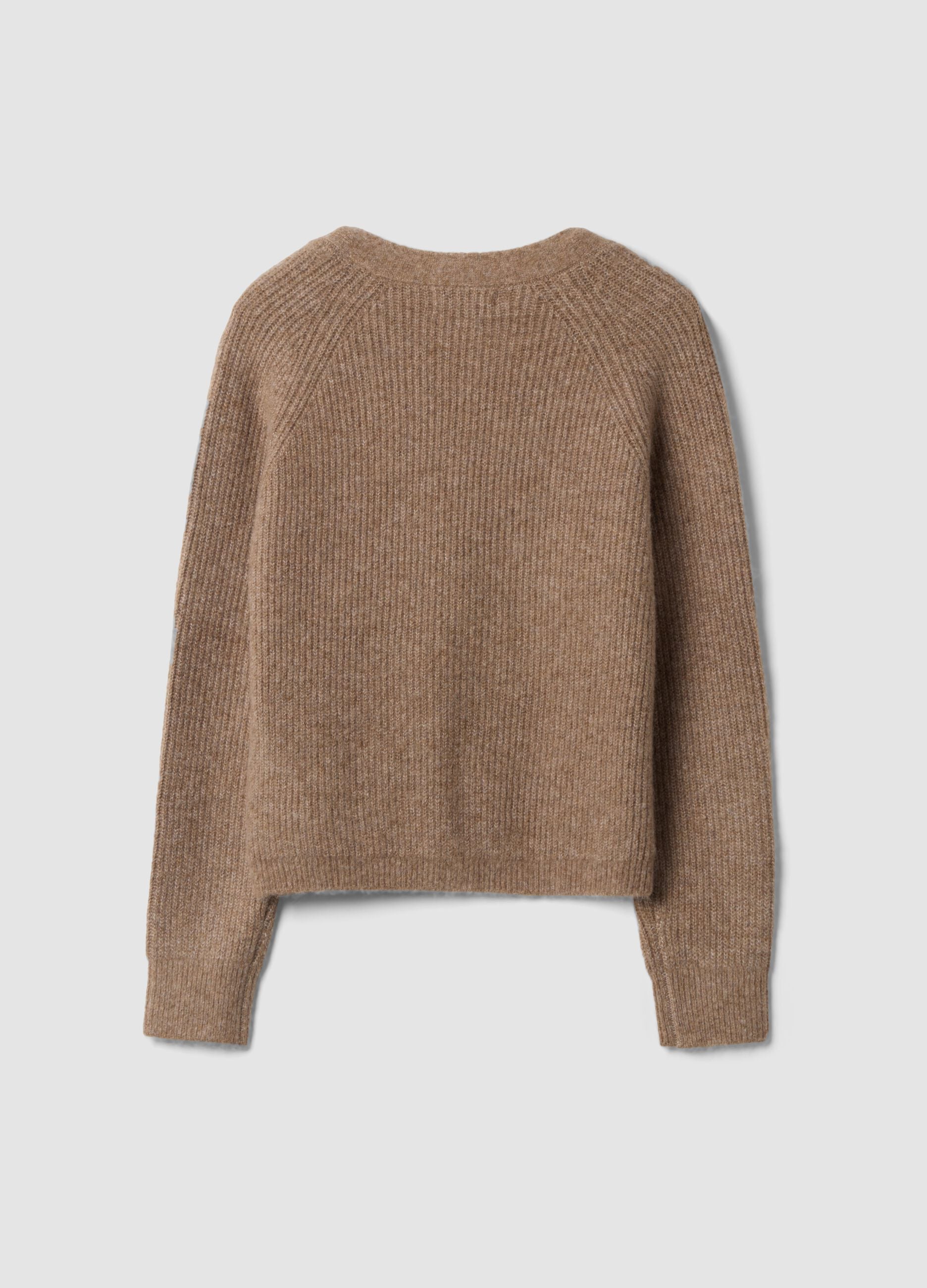 Cardigan marrone in lana elasticizzata con scollo profondo a V over fit