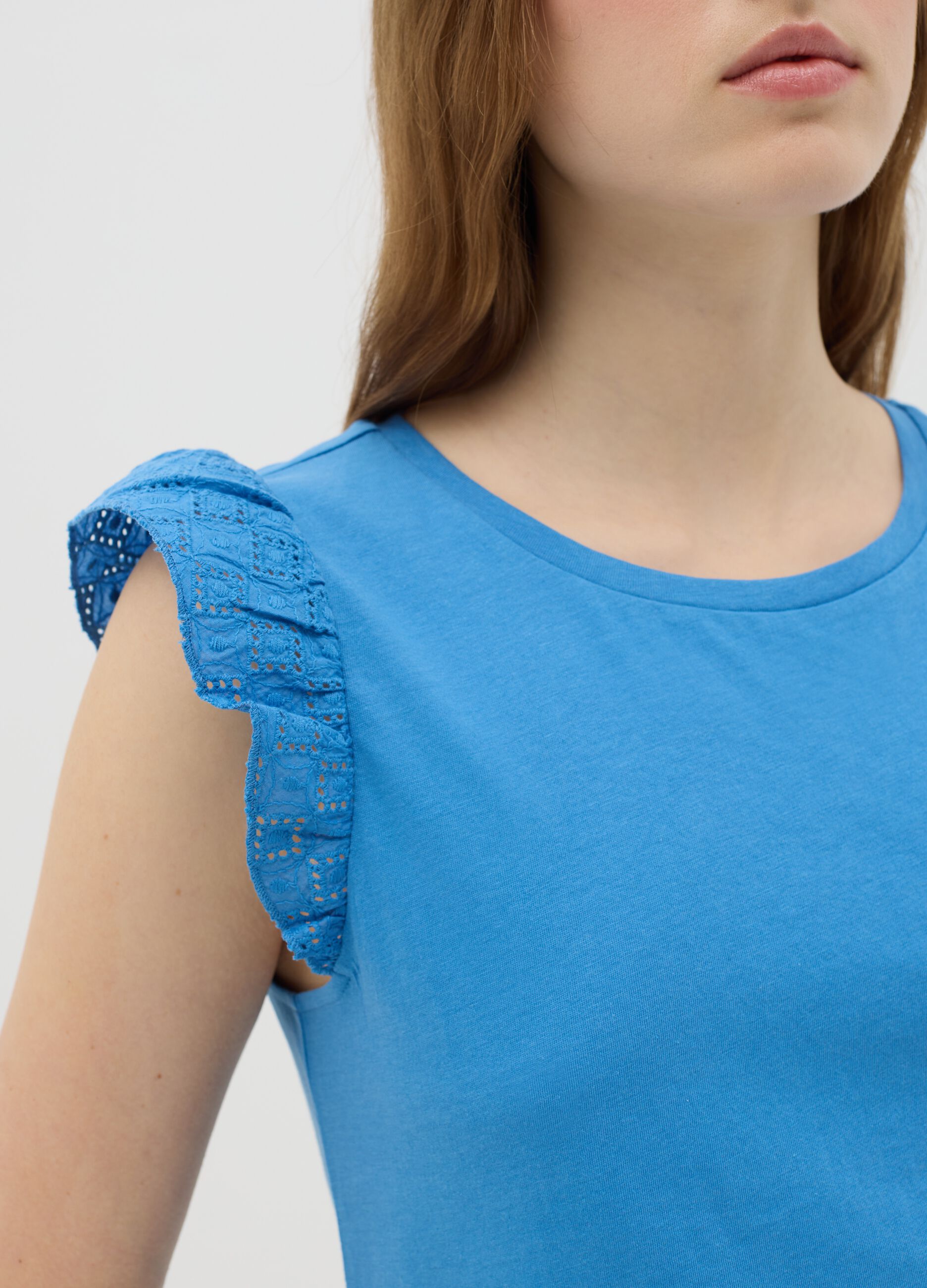 Azure cotton top with lace shoulder straps