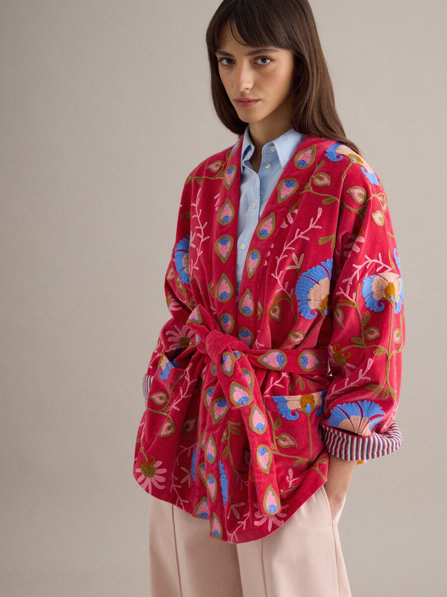 Kimono in puro cotone multicolor oversize fit con ricami floreali_2