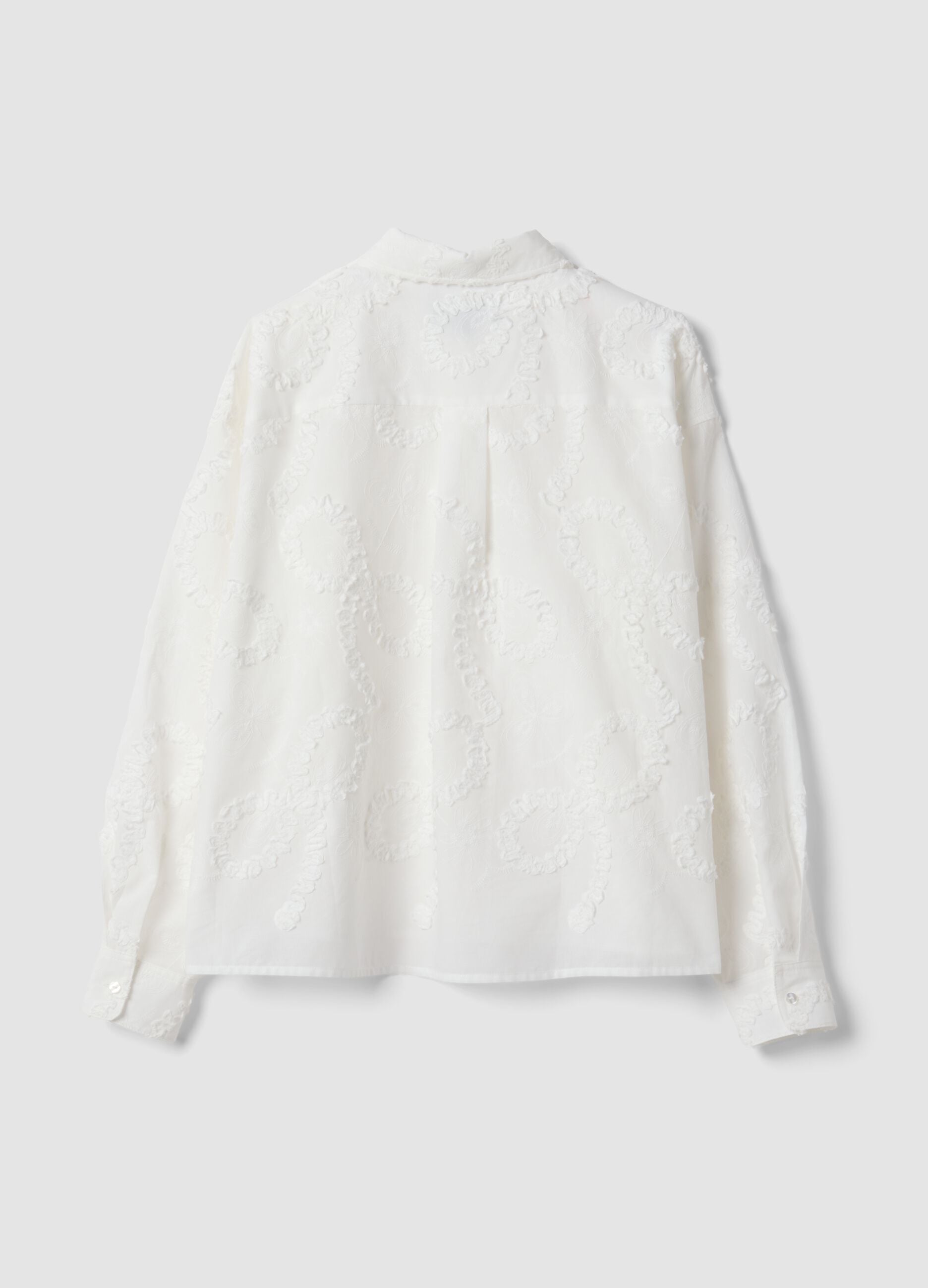 White pure cotton shirt with floral embroidery, regular fit