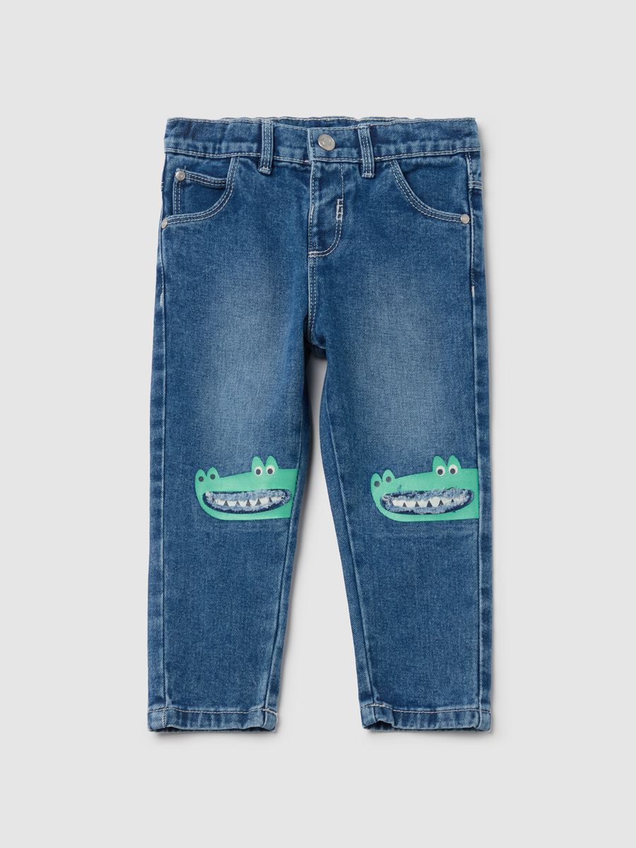 Five-pocket jeans with crocodiles print_0