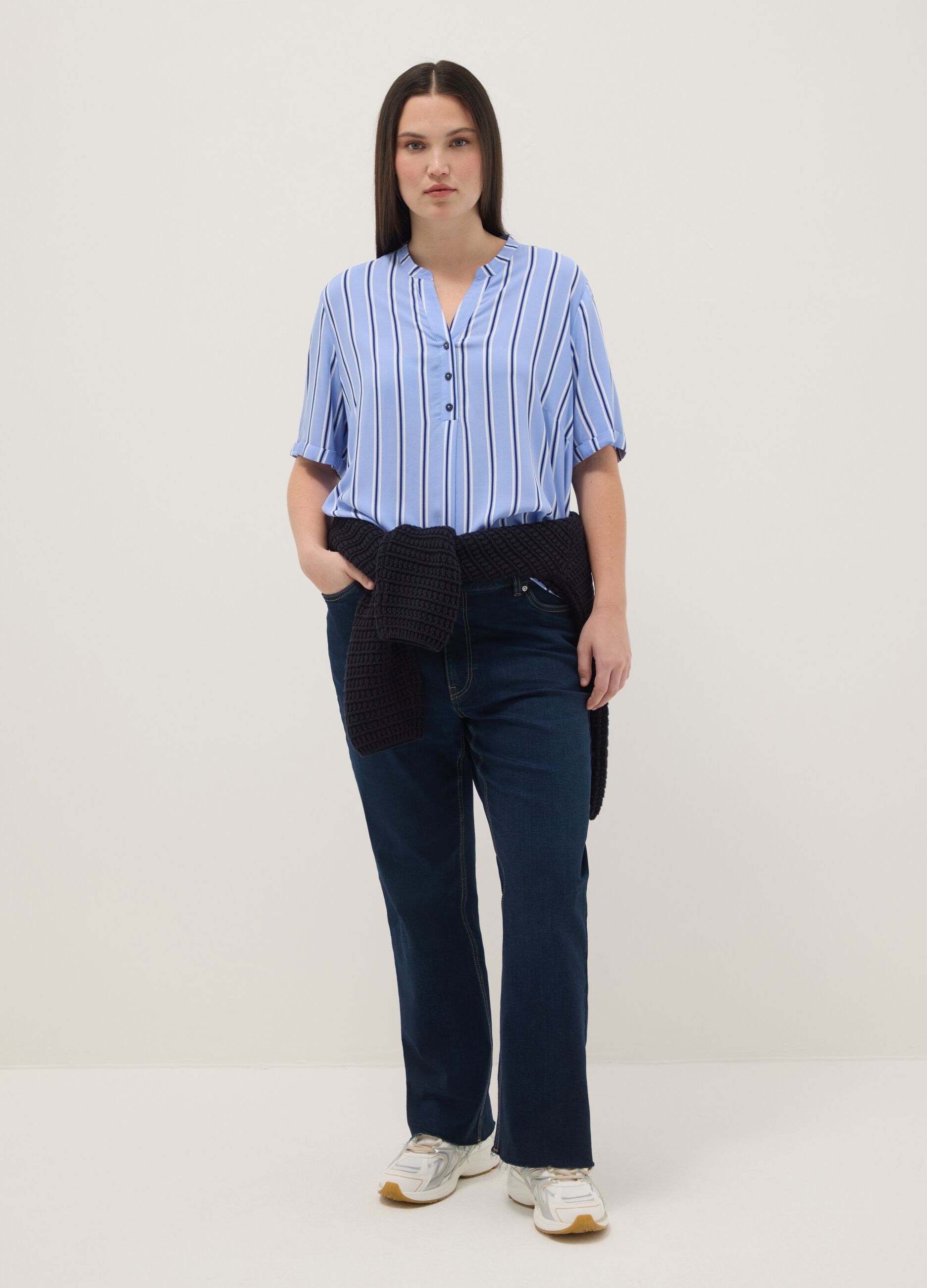 Multicolour stripe pure viscose shirt, regular fit with buttons