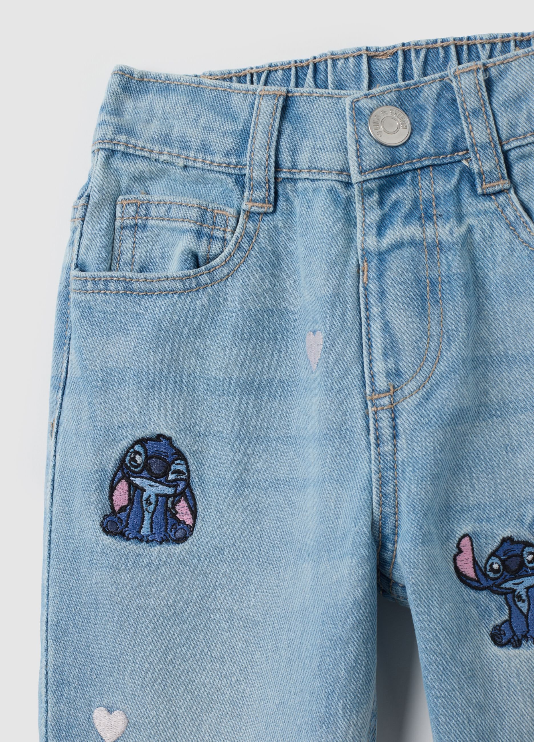 Girls' pure cotton blue regular fit jeans with Disney embroidery