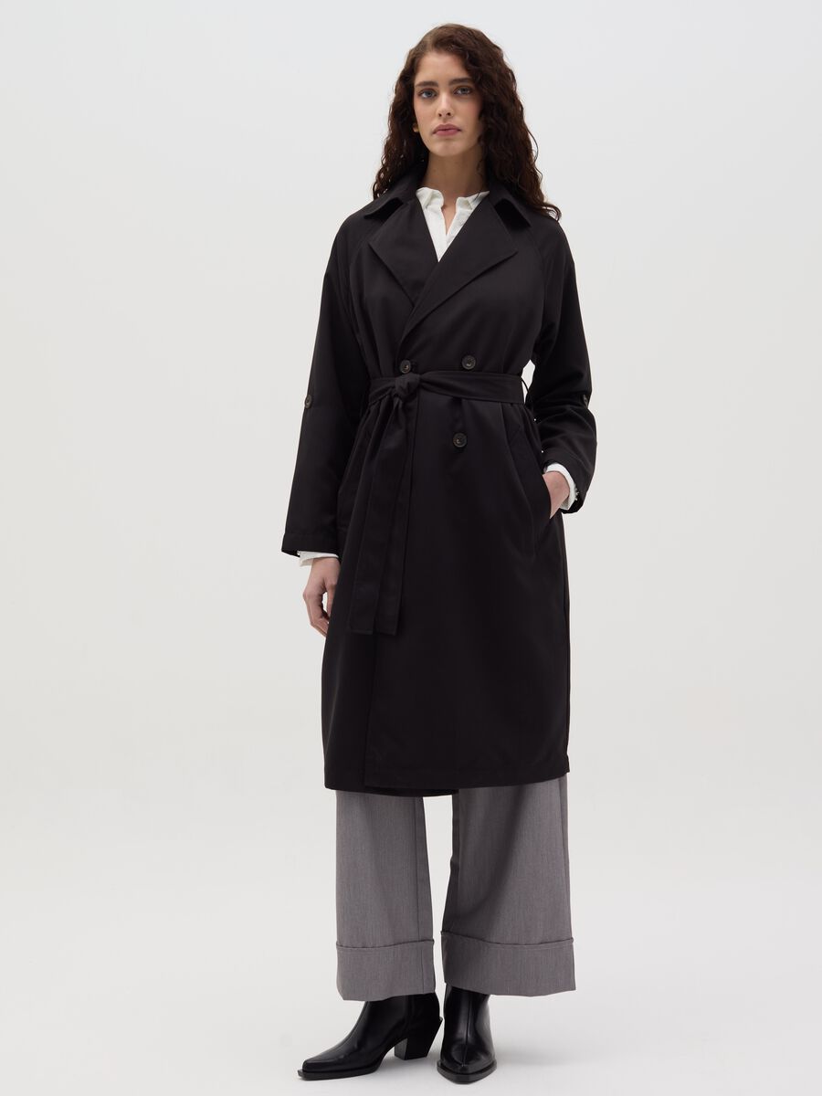 Double-breasted trench coat with buttons and belt_0