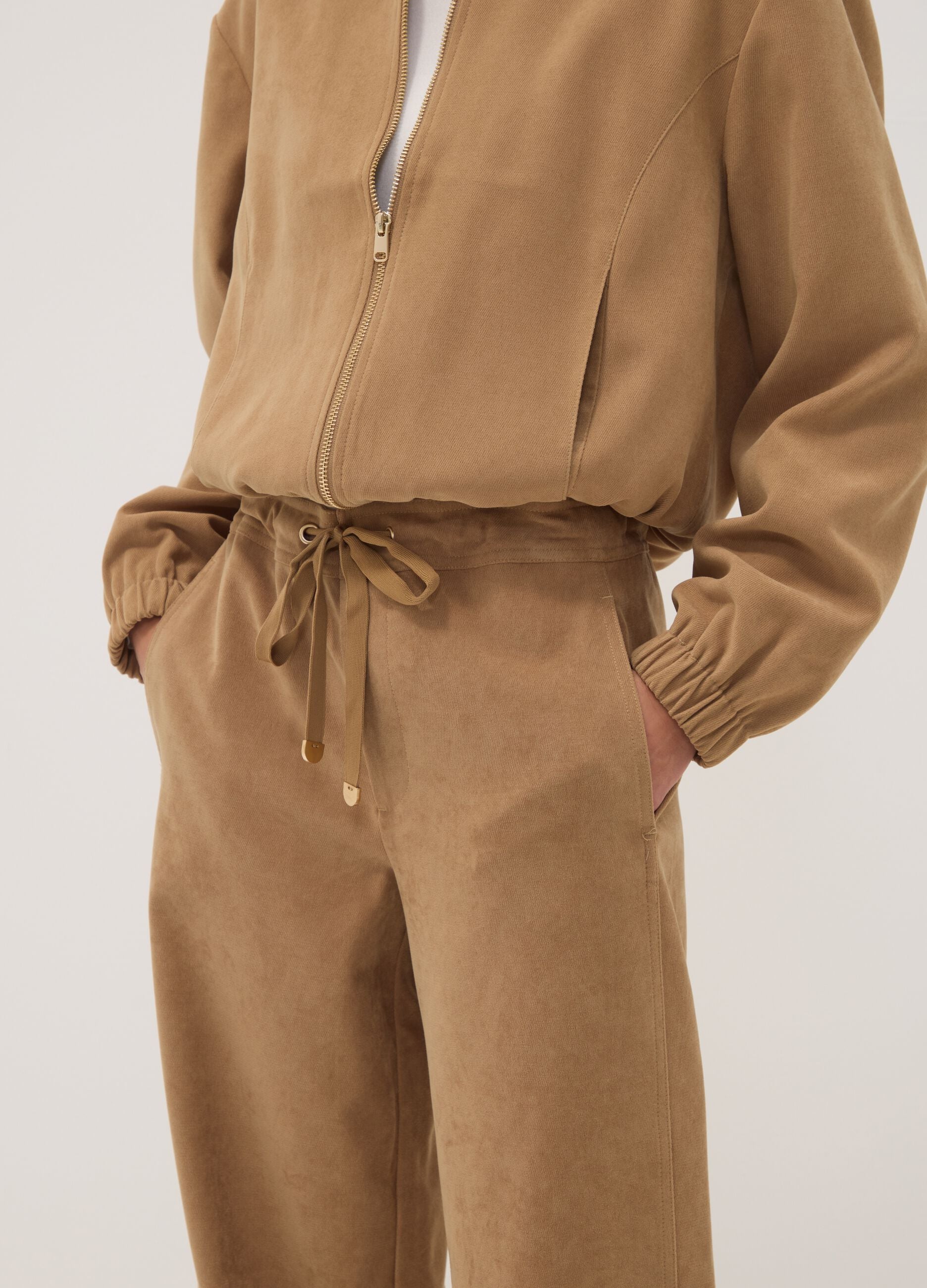 Beige stretch-fabric straight-fit trousers