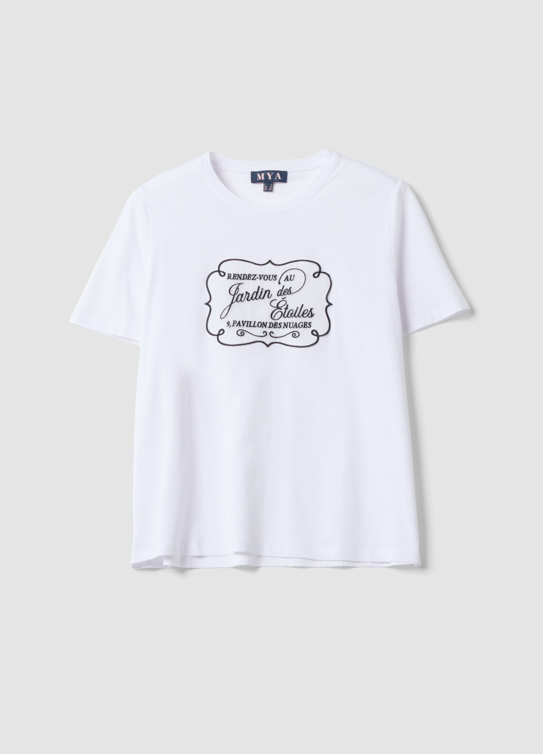 White pure cotton crew-neck T-shirt with front print, regular fit