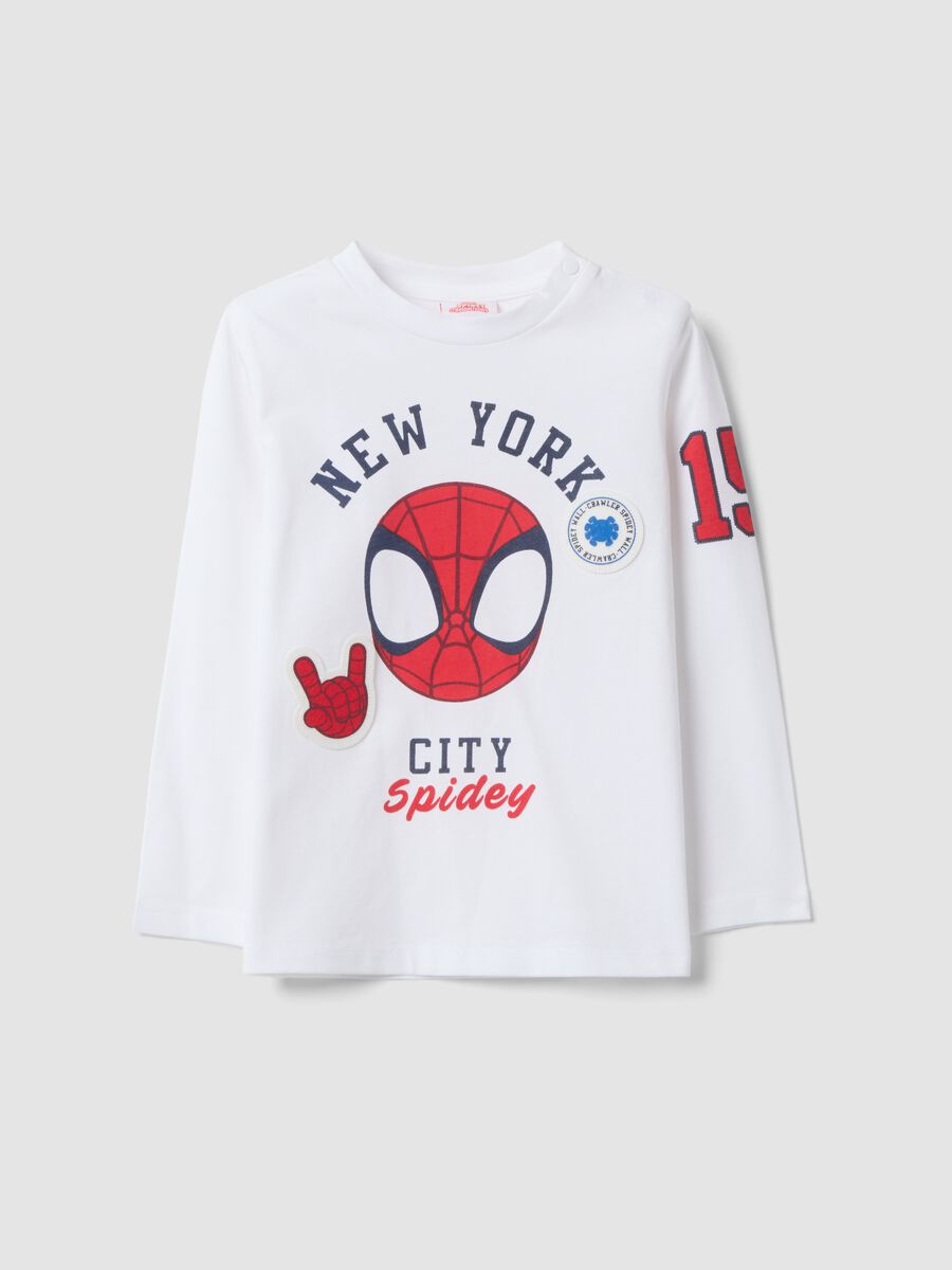 White long-sleeve pure cotton T-shirt with Spidey print for boys_0