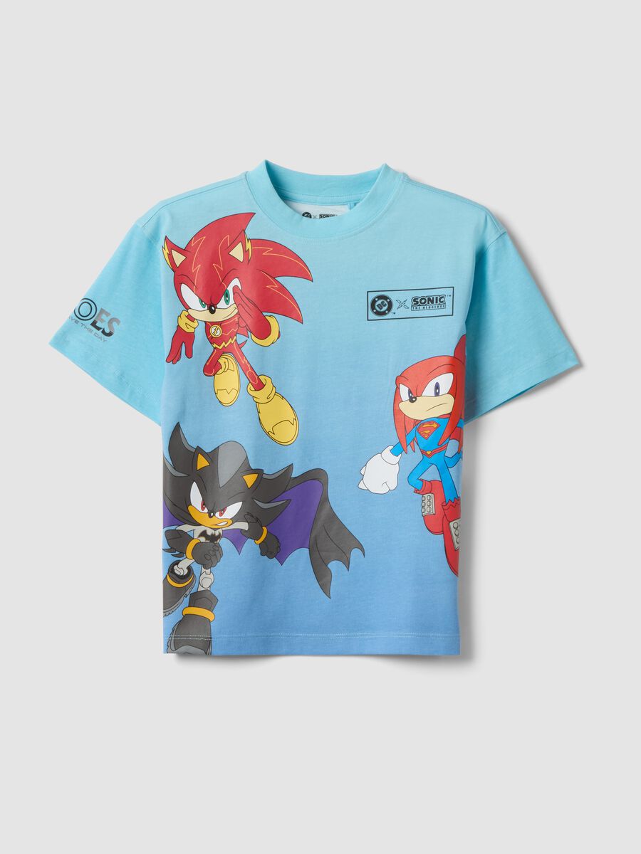 T-shirt azzurra in puro cotone con stampa Sonic per bambino_0