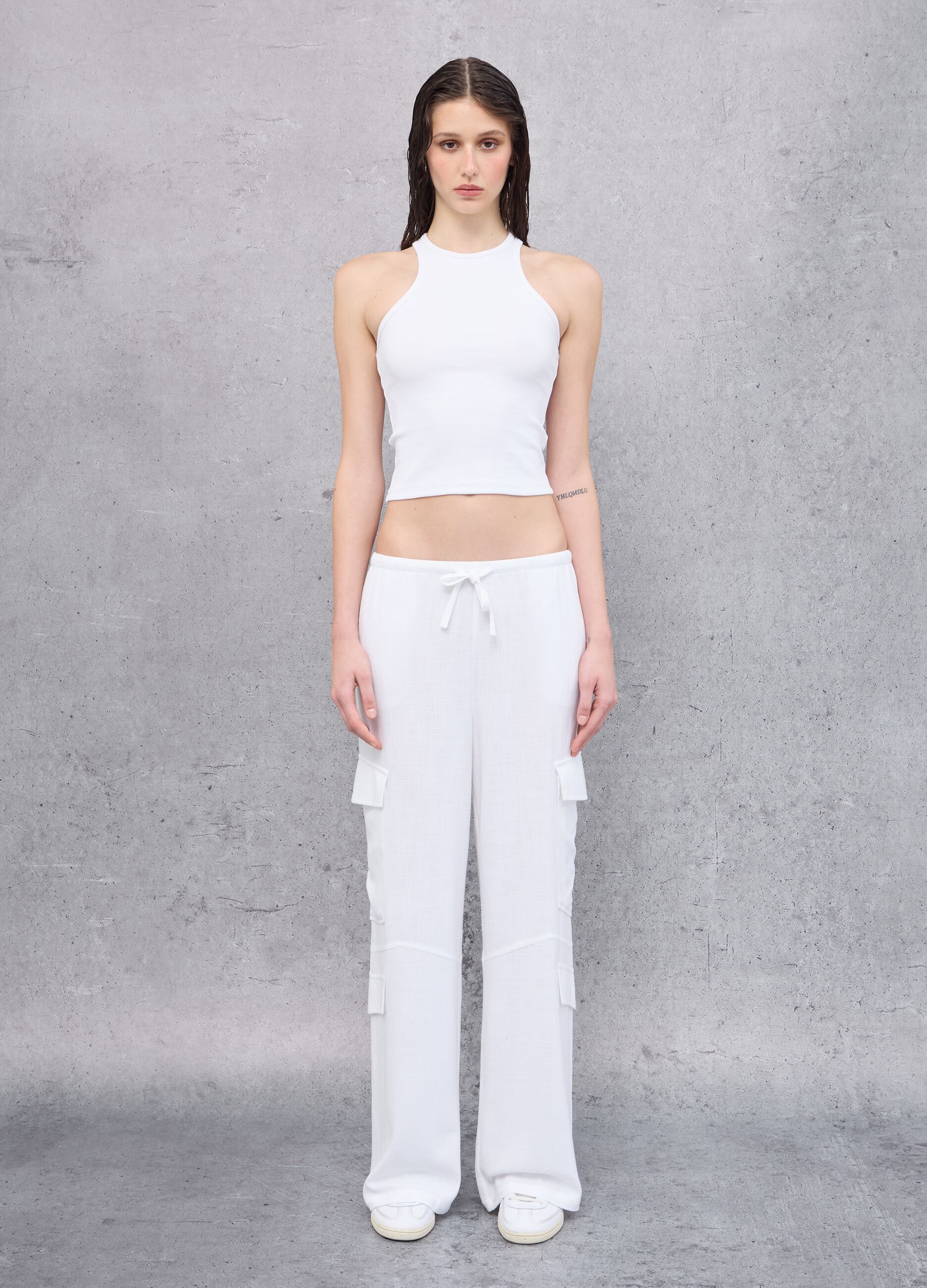 White Linen Wide-Leg Cargo Trousers