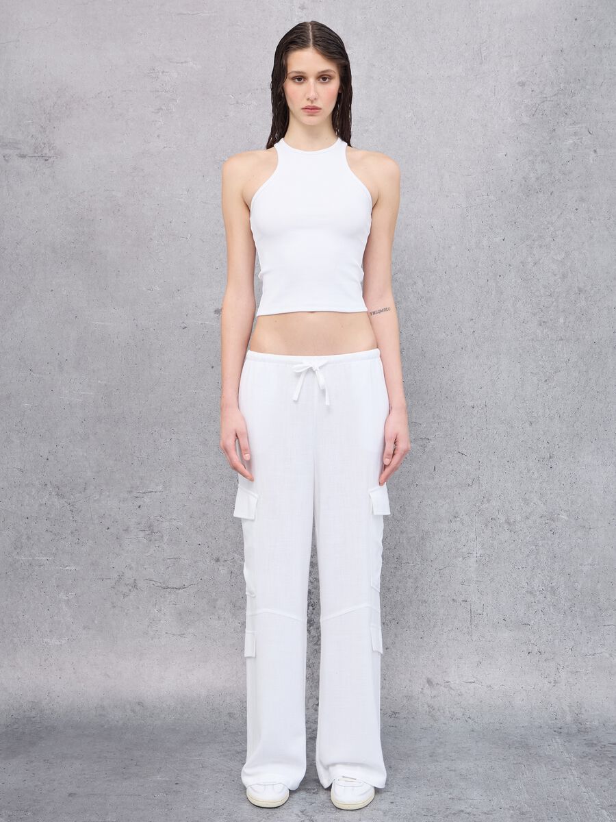 Cargo Linen Wide Leg Pants White_0