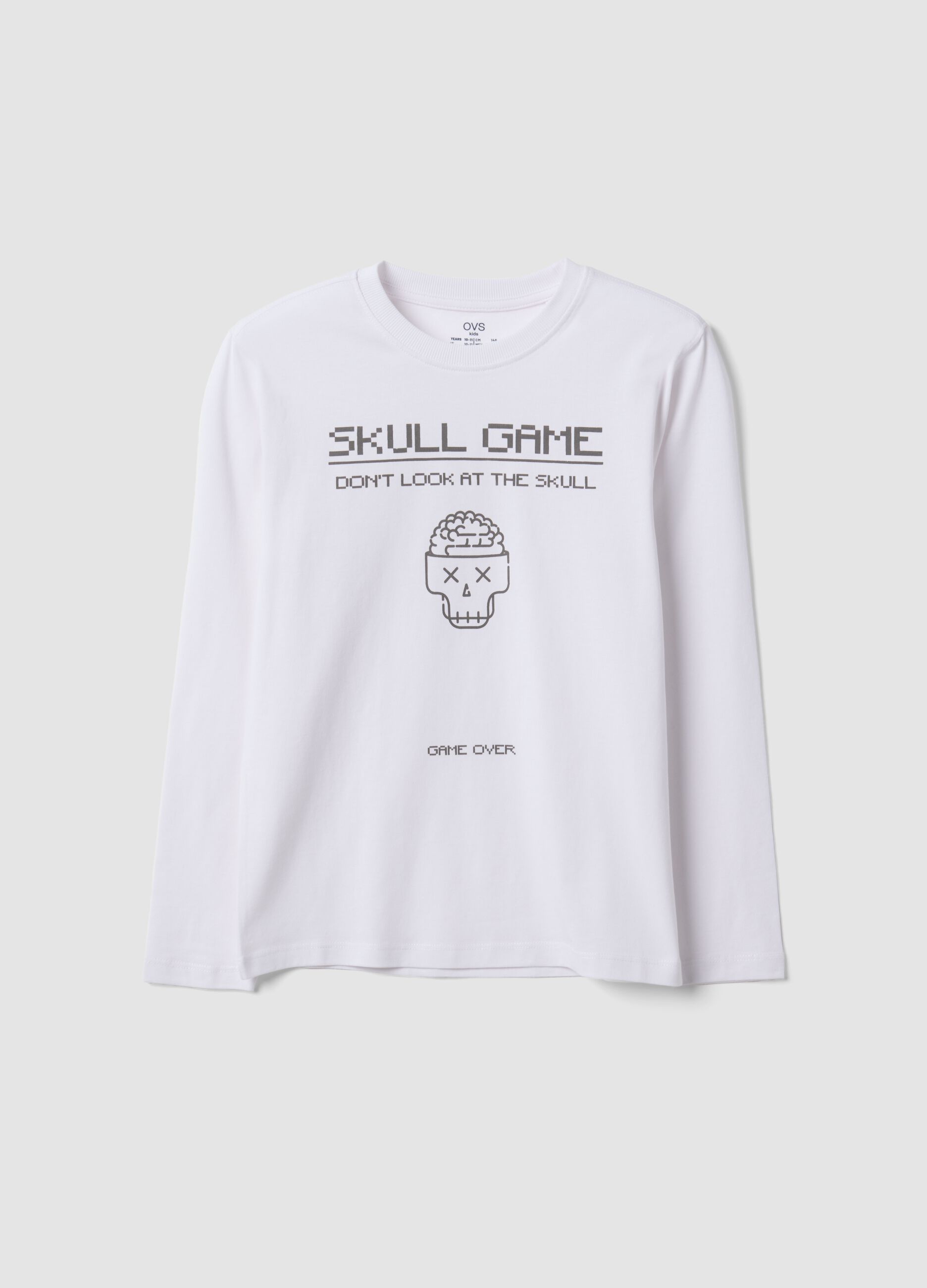 T-shirt bianca in puro cotone organico con girocollo e stampa teschio per ragazzo