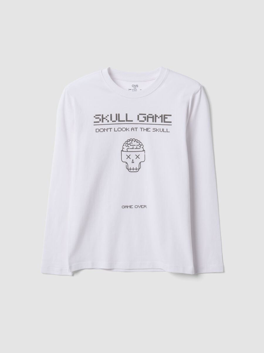 White pure organic cotton crew-neck T-shirt with skull print for boys_0