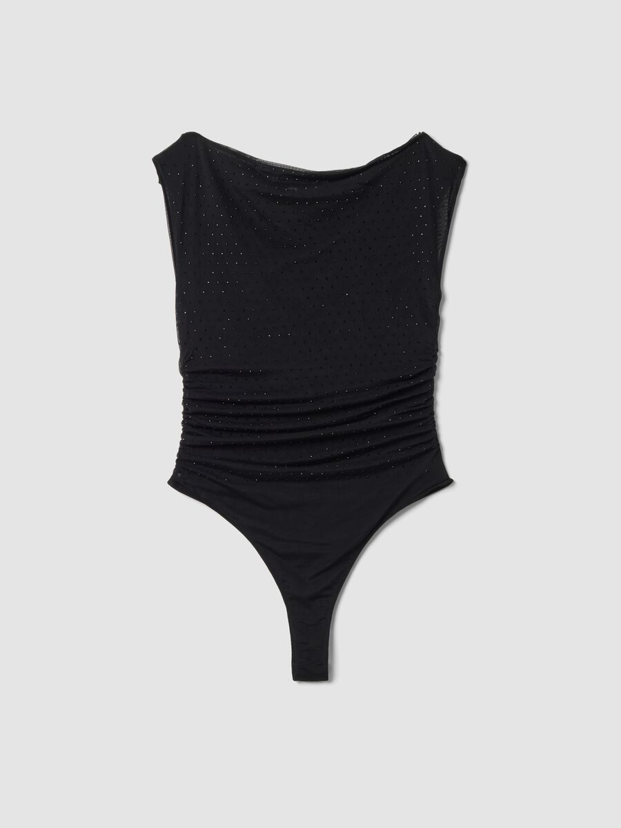 Black fitted stretch bodysuit with rhinestones_2