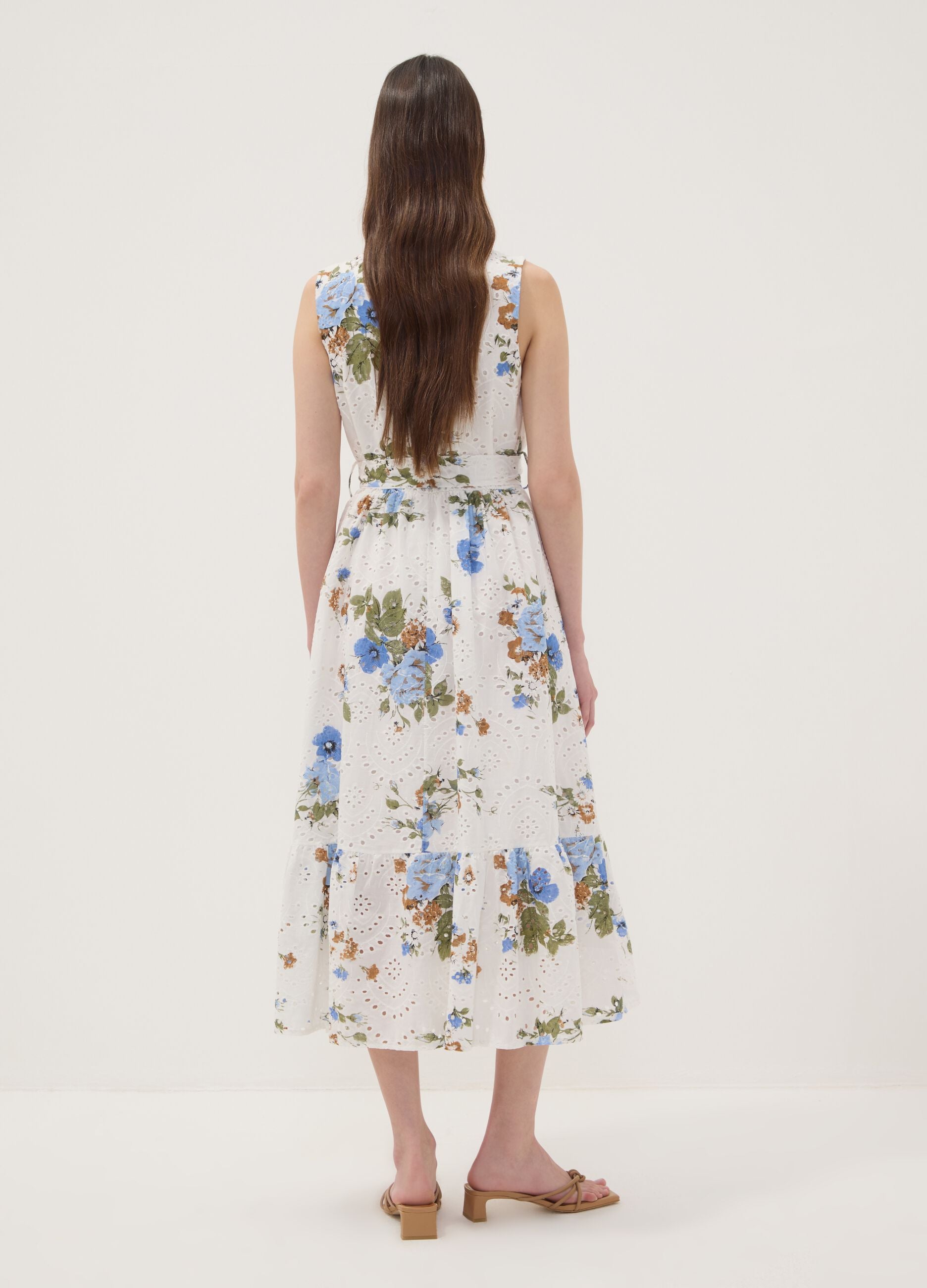 White pure cotton dress with floral print, regular fit