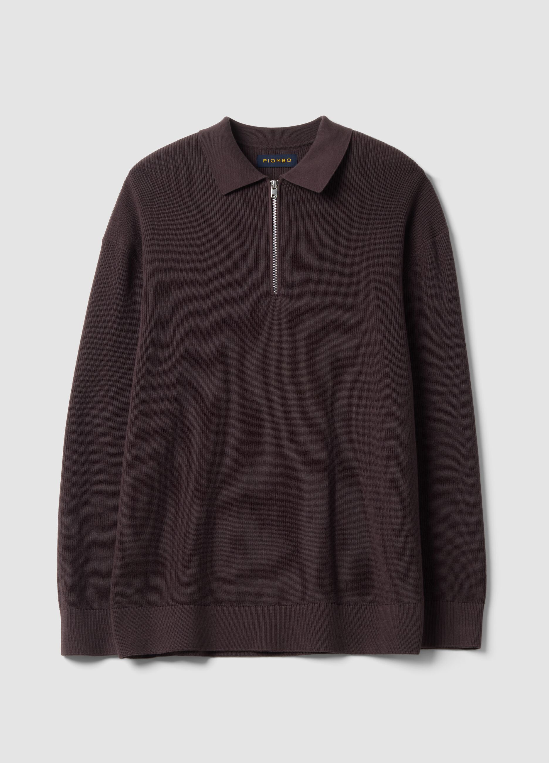 Polo marrone in puro cotone con zip e collo classico