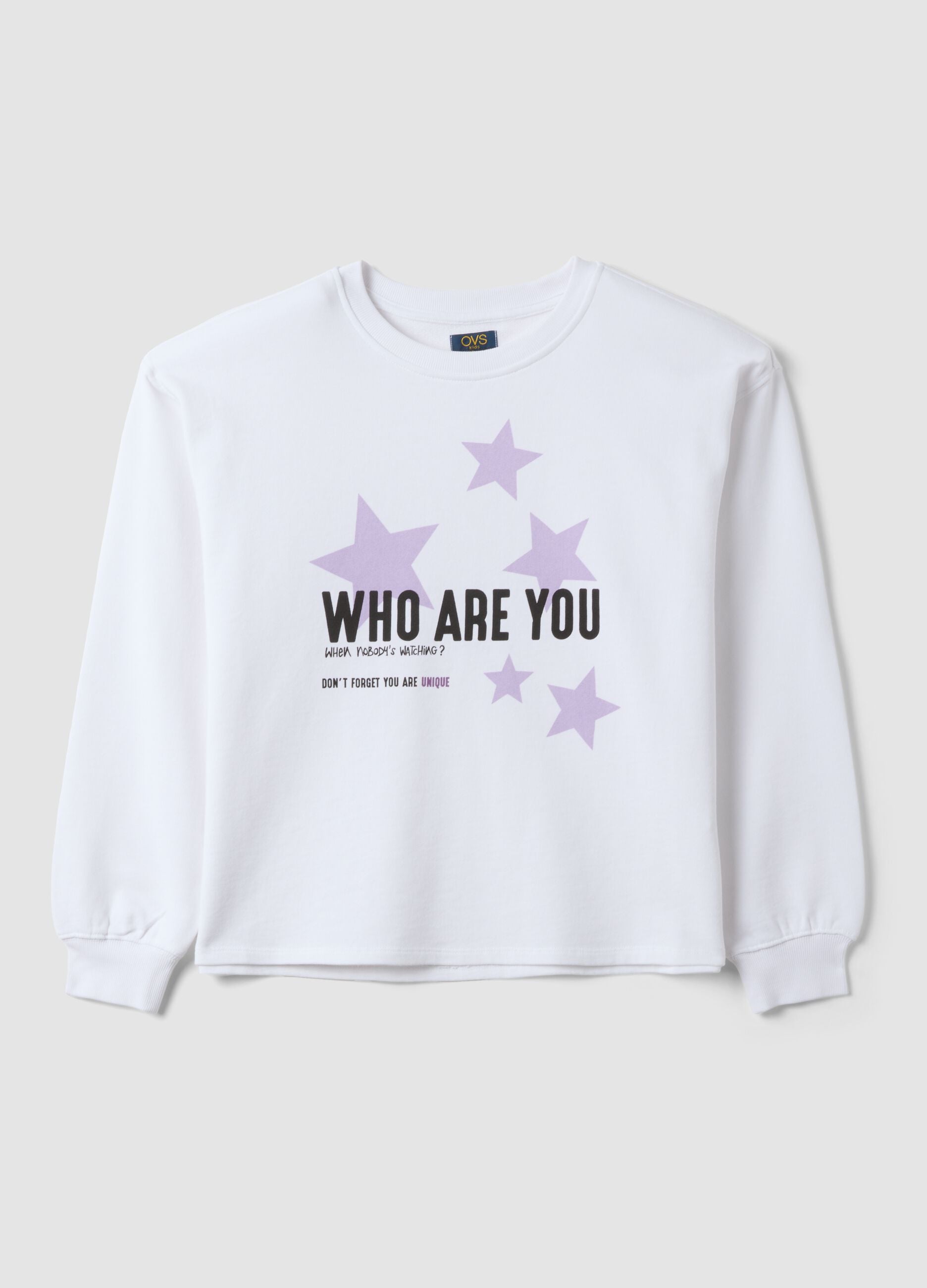 White 100% cotton sweatshirt with ribbed neck and print for girls
