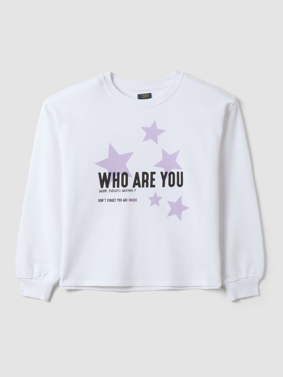 White 100% cotton sweatshirt with ribbed neck and print for girls_0