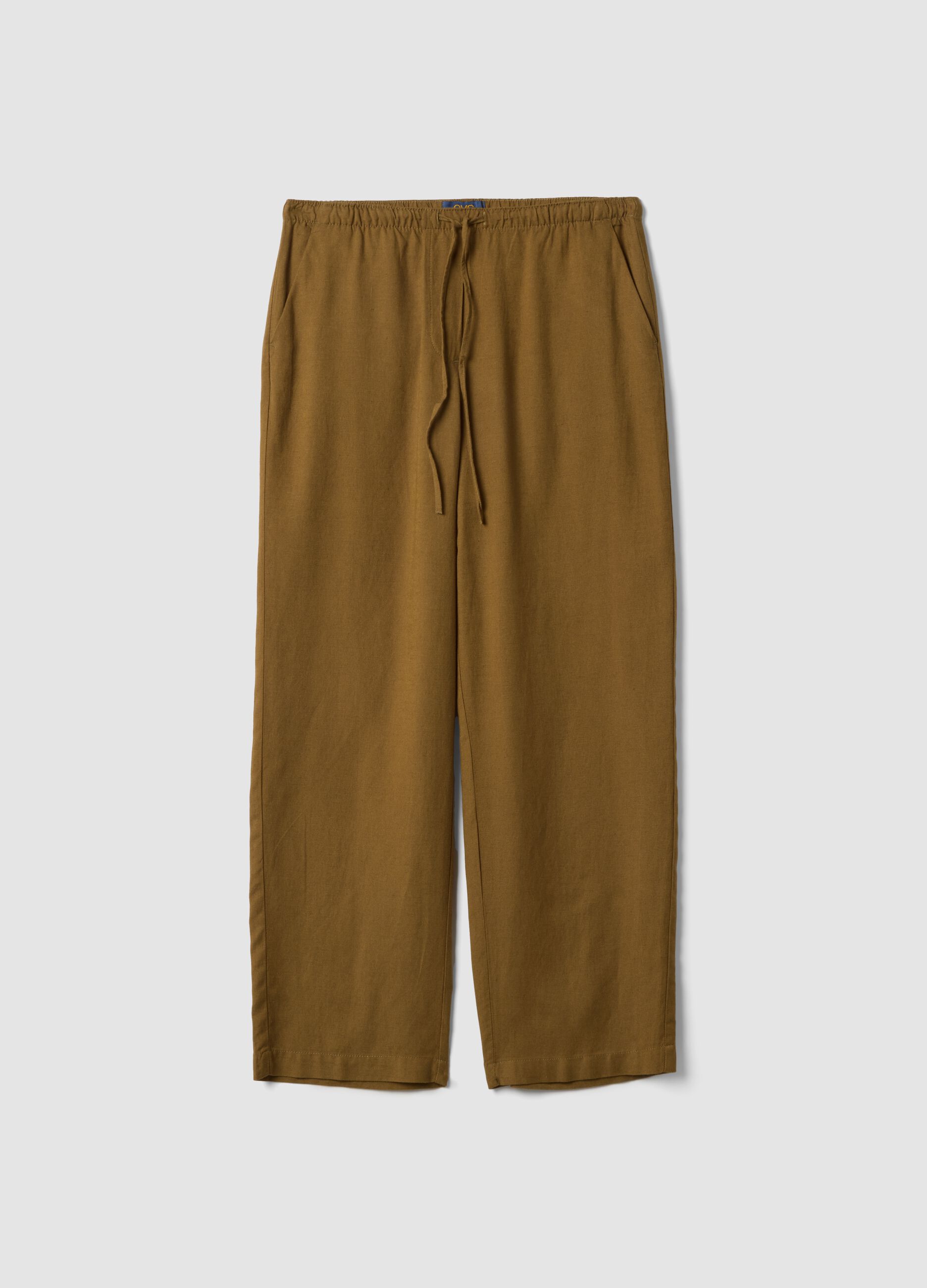 Brown viscose-linen blend straight-fit trousers with drawstring